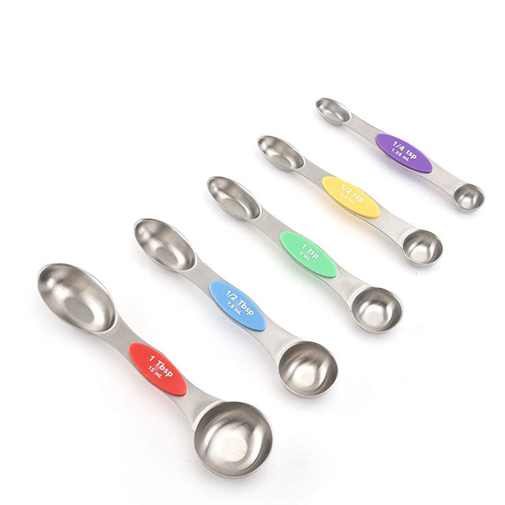LLS Magnetic Measuring Spoons Set - Double Head Stainless Steel Kitchen Measuring Spoons with Ergonomic Silicone Handle - Perfect for Baking, Cooking, Pasta & Coffee Measuring (Model 0512)