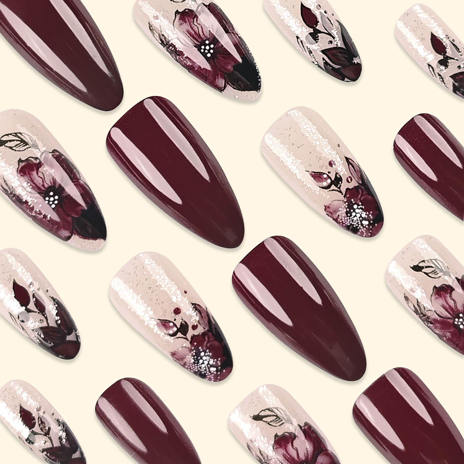 24pcs Almond Shape Press On Nails - Floral Design Acrylic Fake Nails for Women | Medium Length Stick On Nails for Manicure | Perfect for Parties, Weddings & Everyday Wear