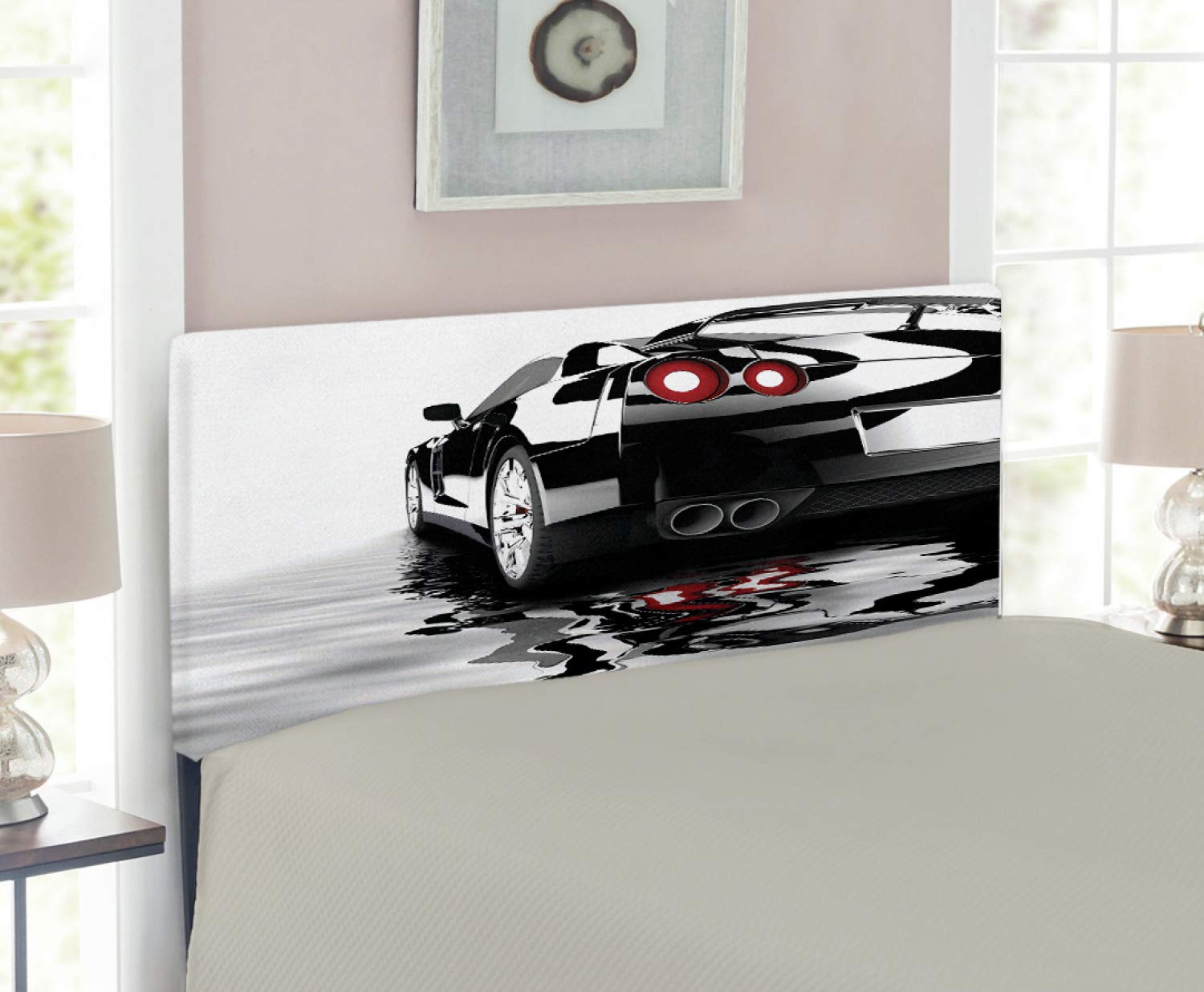 Ambesonne Cars Headboard - Modern Dark Car Water Reflection Design, Upholstered Metal Bed Headboard with Memory Foam for Twin Size Bed, Black Red White - Perfect for Car Enthusiasts' Bedroom Decor and Racing-Themed Kids Room