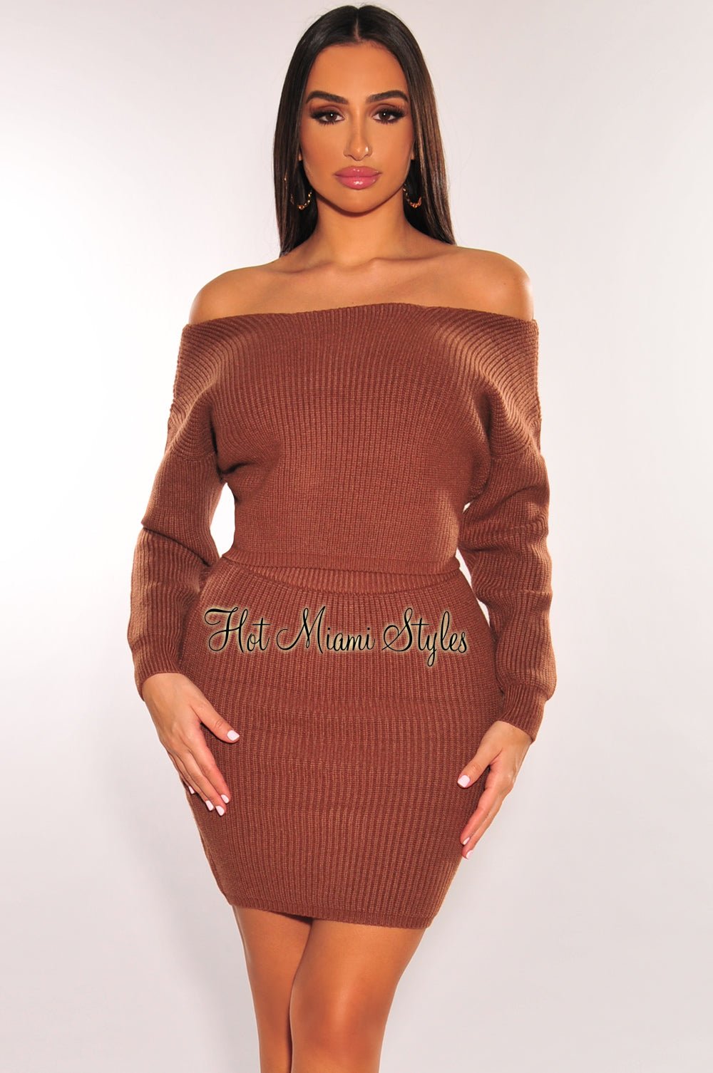 Toffee Ribbed Knit Sweater and High Waist Skirt Two Piece Set - Women's Autumn Winter Outfit for Casual Wear, Date Night & Office Fashion