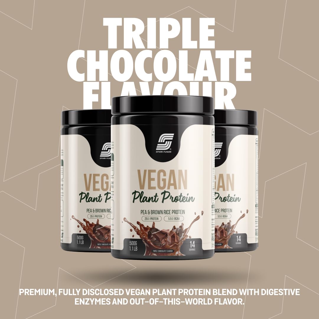 Sparkfusion Vegan Plant Protein Powder - Organic Pea & Brown Rice Protein Isolate | 25g Protein per Serving with All Essential Amino Acids | Easy Digest Triple Chocolate Flavor | 500g for Men & Women | Perfect for Post-Workout Recovery, Smoothie Boosts & Healthy Meal Replacement