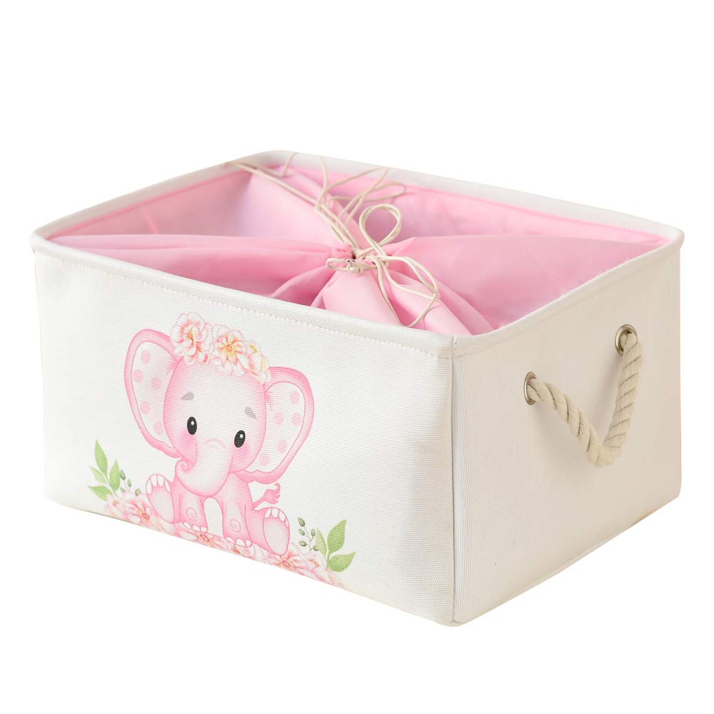 INough Pink Elephant Storage Basket - Large Collapsible Baby Gift Bag for Girls, Nursery Decor & Toy Organizer | Perfect for Baby Showers, Kids' Rooms & Playroom Storage (Medium Size)