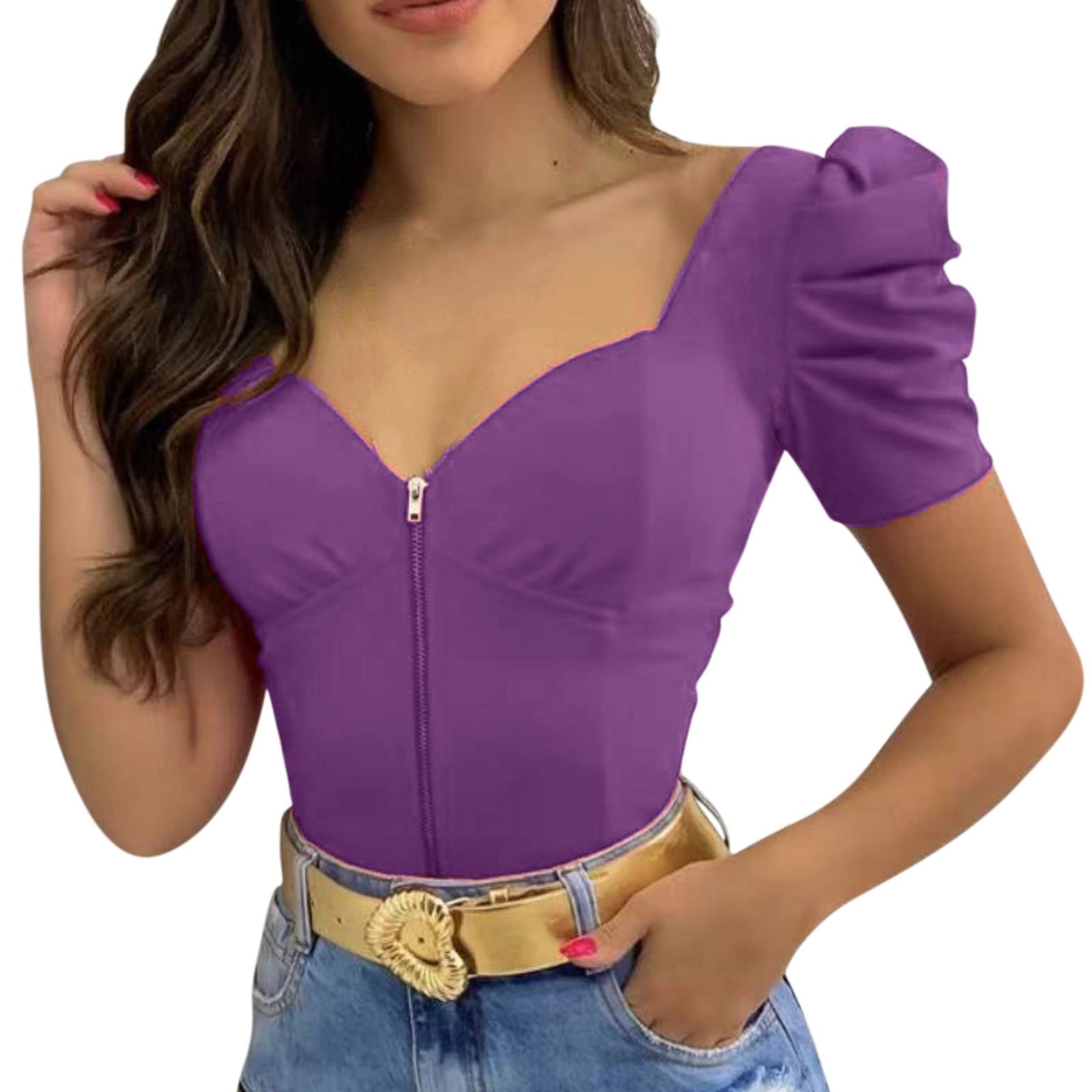 YfiDSJFGJ Women's White Summer Sexy U-Neck Puff Sleeve Short Sleeve Zipper Top Tee Shirt - Casual Wear, Party Outfit & Date Night Fashion
