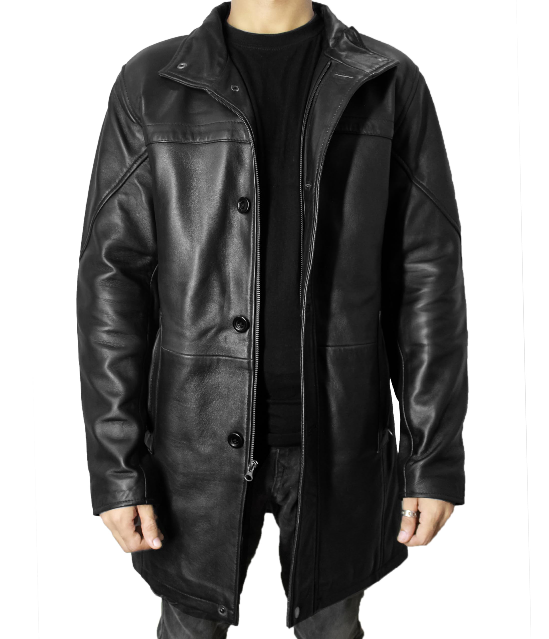 Premium Genuine Lambskin Leather Trench Coat for Men - 3/4 Length Winter Car Coat with Classic Lapel Collar | Warm Long Leather Jacket for Driving, Business & Formal Occasions