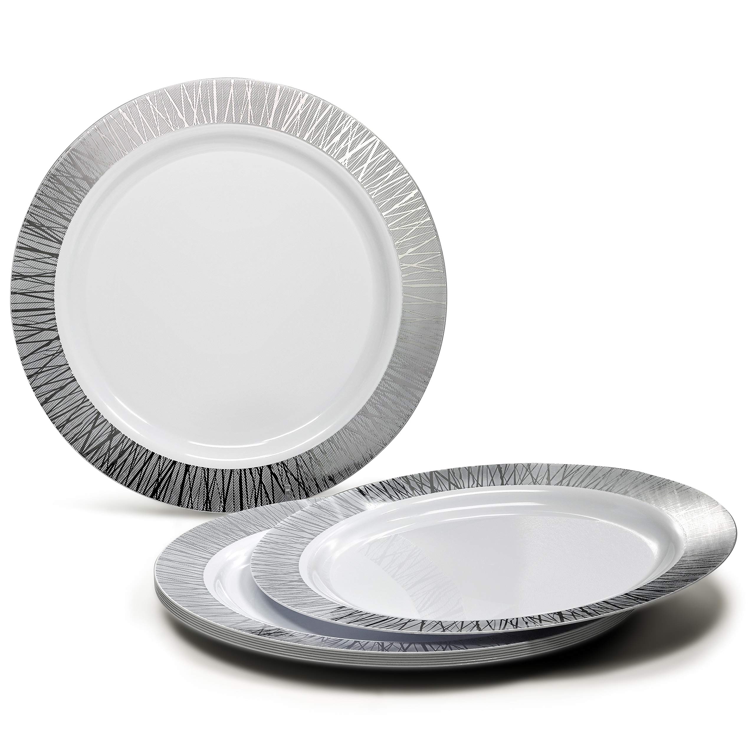 960-Piece Disposable Plastic Plate Set for Weddings & Parties - Includes 120 x 10.25'' Plates, 120 x 7.5'' Plates, Silverware, Cups & Napkins (White & Silver Starlight Design) - Perfect for Large Gatherings, Catering & Special Events