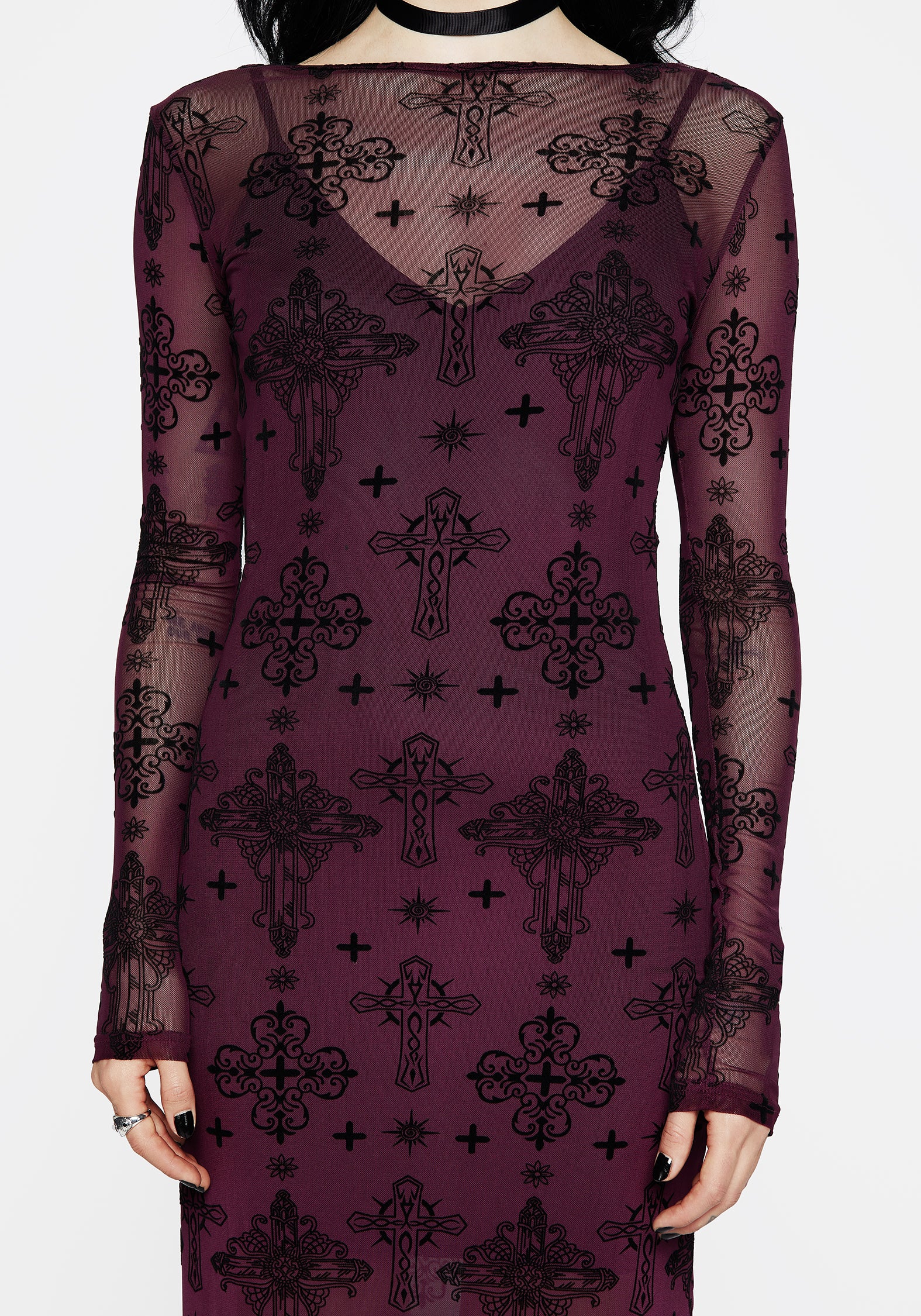 Elegant Priestess Flocked Mesh Maxi Dress in Purple - Perfect for Boho Festivals, Beach Vacations & Evening Parties