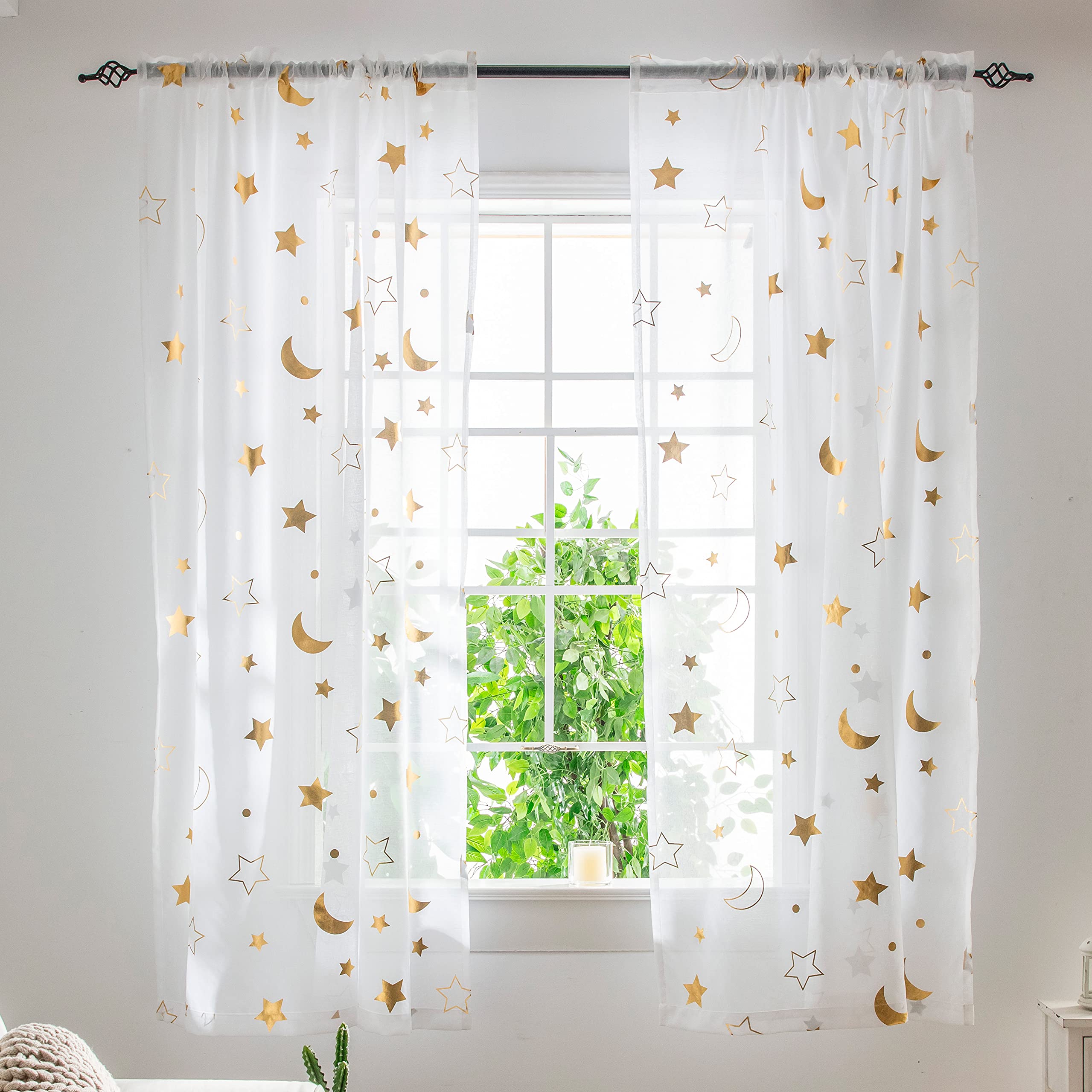 Gold Foil Star Moon Sheer Curtains - 72 Inch Length Kids Room Decor | Light Filtering Galaxy Theme Nursery Curtains for Girls & Boys | Rod Pocket White Sheer Panels (2 Pack, 52x72 Inches) - Perfect for Bedroom, Nursery & Baby Privacy