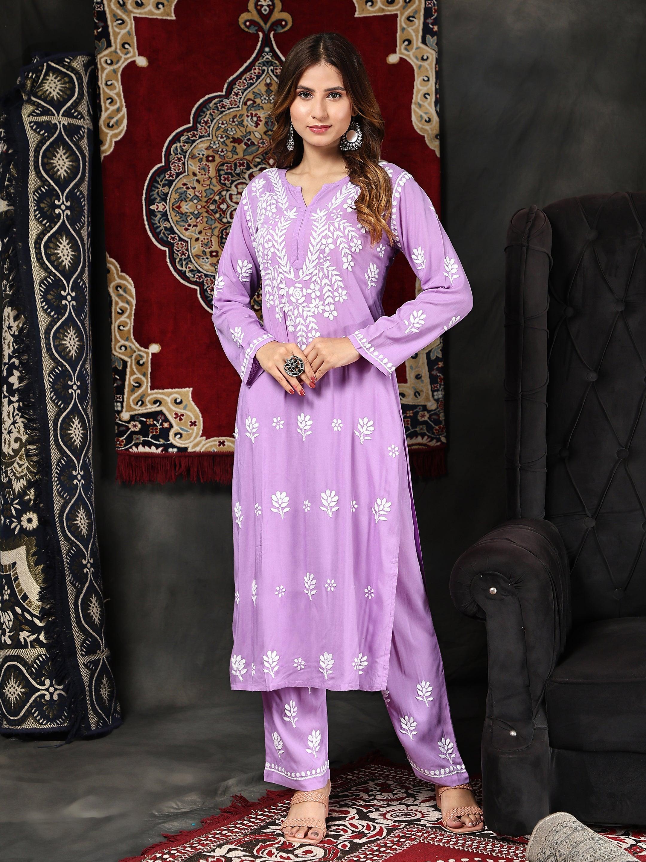 Elegant Miesha Chikankari Long Modal Kurta Set in Purple - Perfect for Festivals, Weddings & Ethnic Occasions