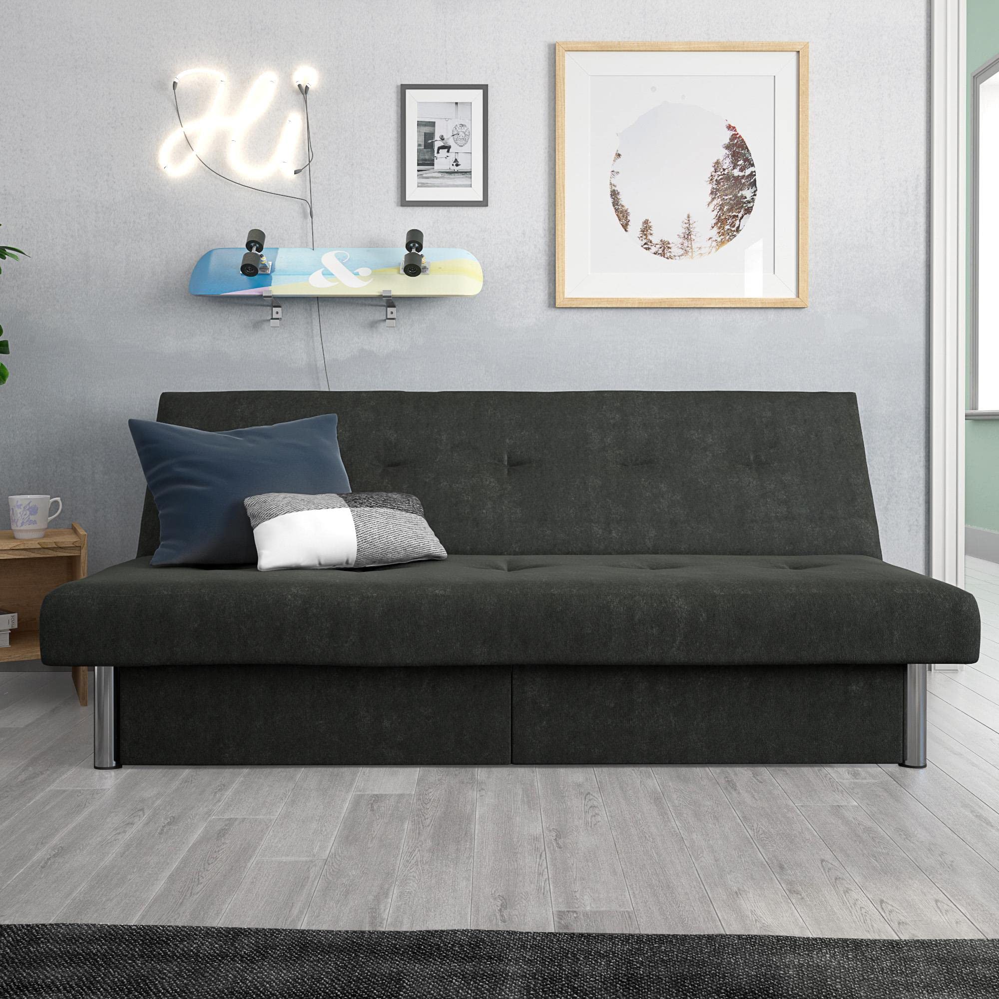 DHP Sola Storage Futon Sofa Bed - Convertible Sleeper with Under Seat Storage, Gray - Perfect for Small Apartments, Guest Rooms & Dorm Rooms