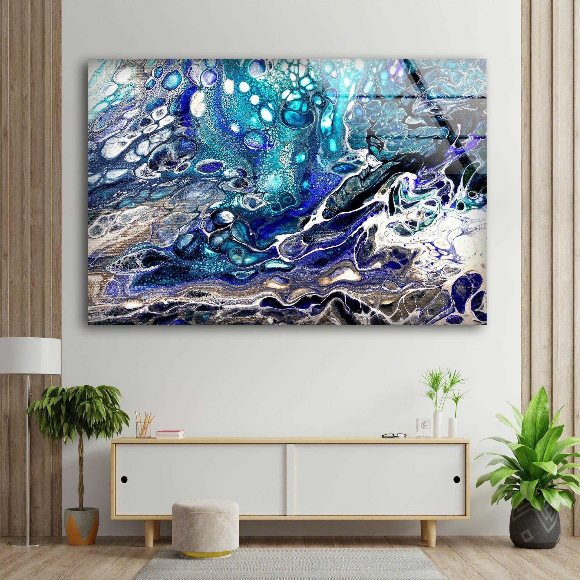 Turquoise Blue Alcohol Ink Glass Wall Art - Handmade Modern Abstract Home Decor for Living Room, Bedroom, Office
