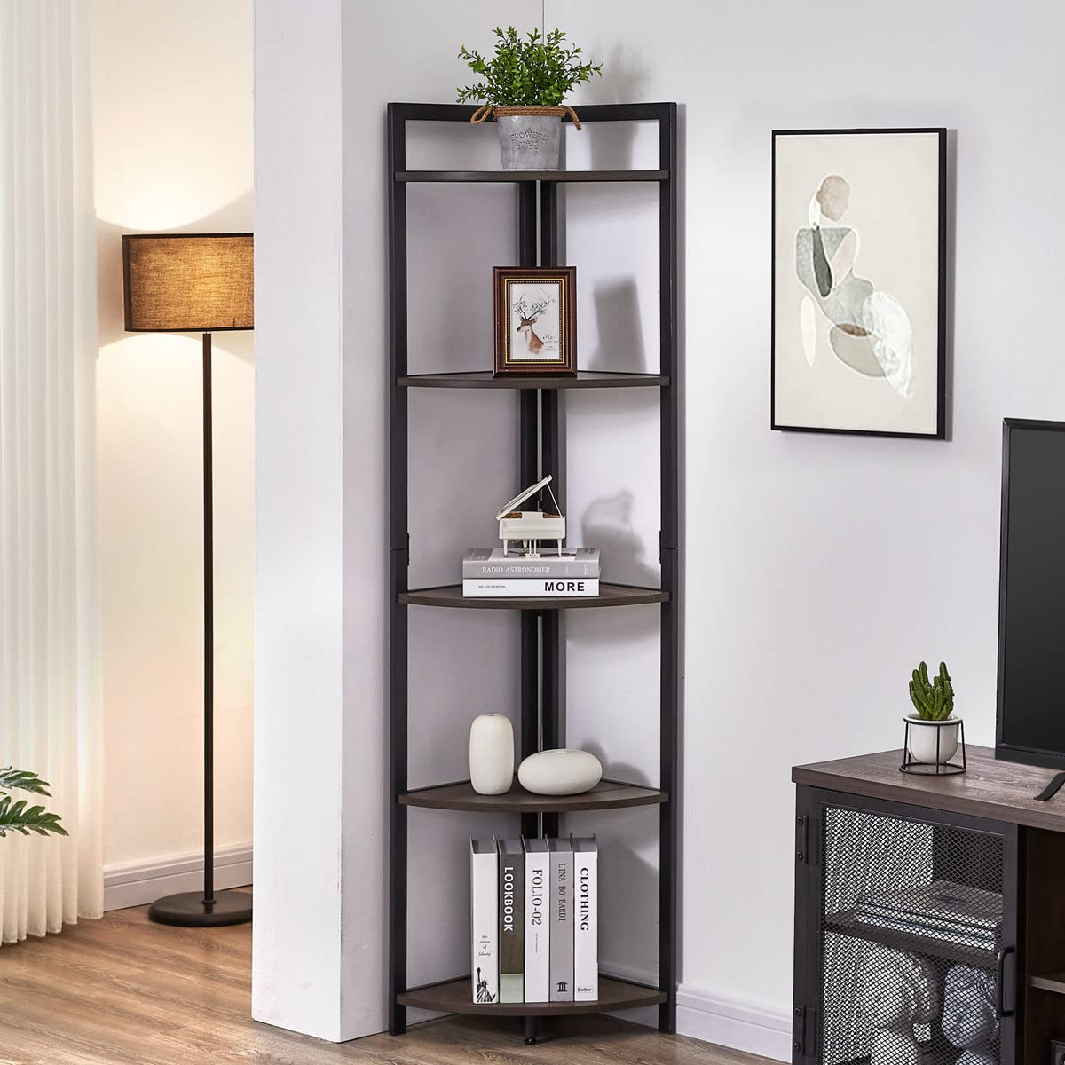 FATORRI 5-Tier Rustic Tall Corner Shelf - Industrial Dark Wood & Metal Bookshelf for Living Room, Home Office - Walnut Brown Corner Plant Stand for Small Spaces & Decor