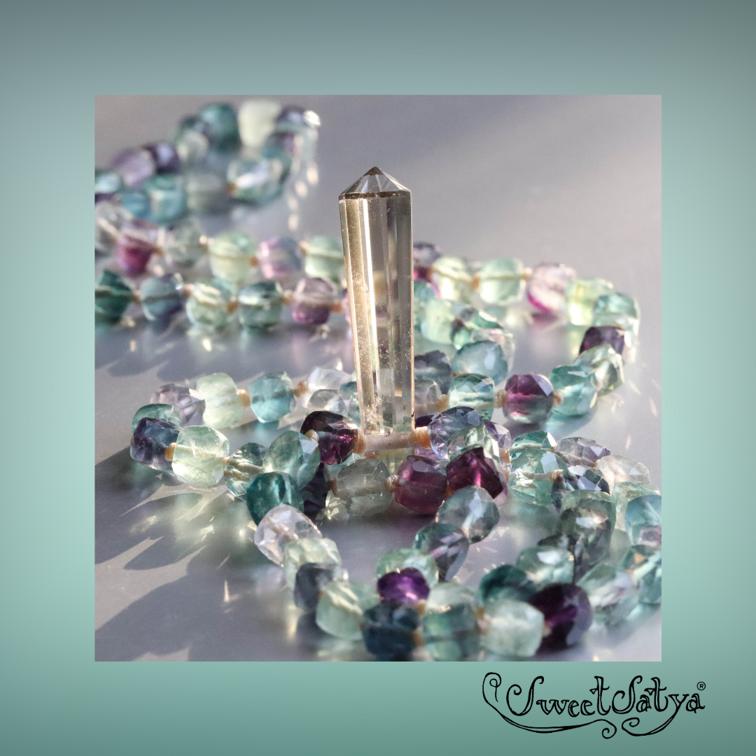 Fluorite Mala Beads Necklace - SweetSatya Spiritual Jewelry for Meditation, Yoga & Positive Energy | Handmade Healing Crystal Buddhist Prayer Beads