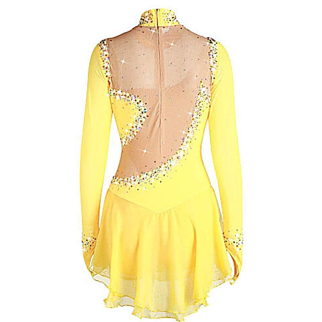Women's Quick Dry Breathable Long Sleeve Ice Skating Dress - Yellow, Size Child 10 | Perfect for Figure Skating Practice & Competition Outfits