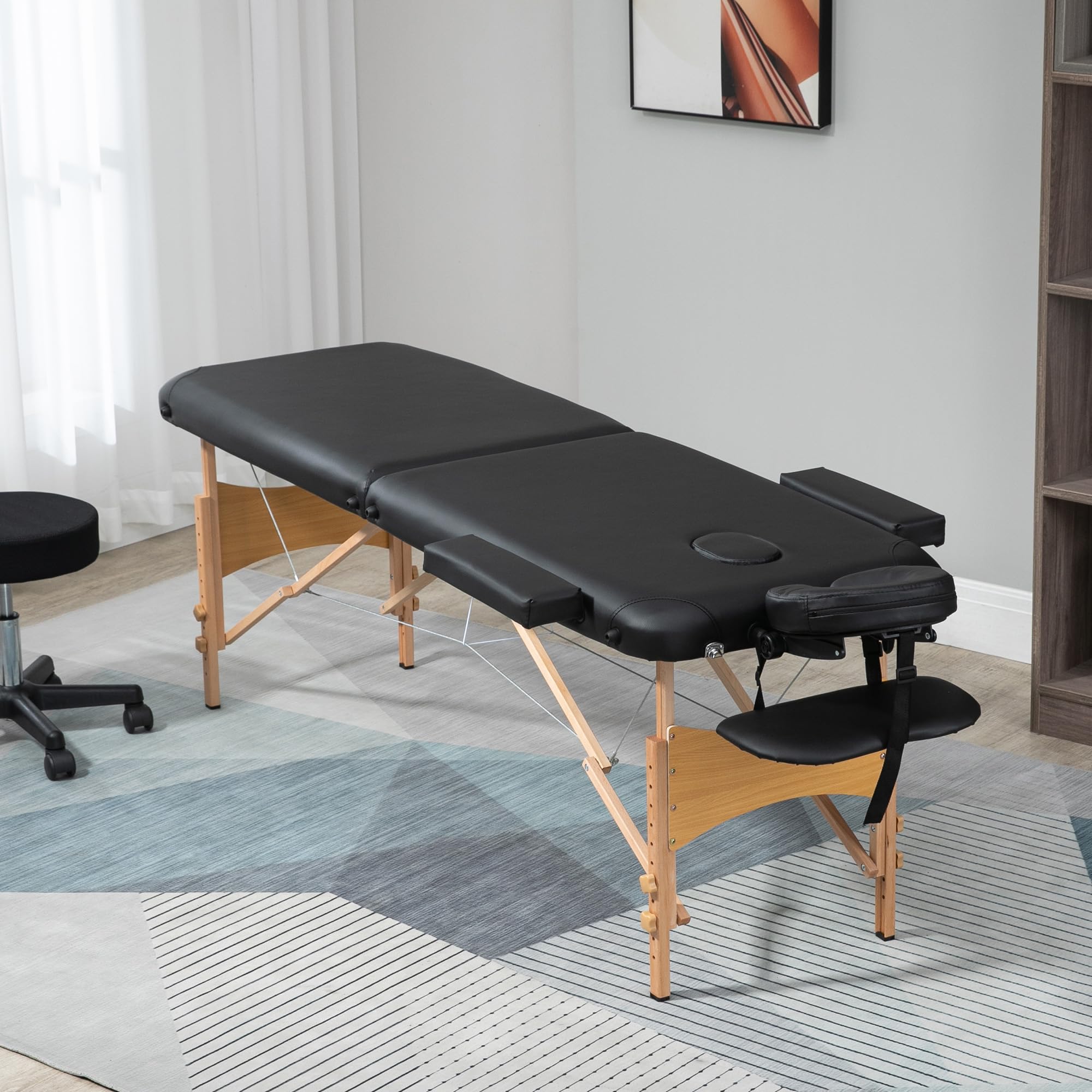 HOMCOM 2-Zone Folding Wooden Massage Table with Cosmetic Face Hole - Black | Portable for Home Spa, Salon & Professional Use