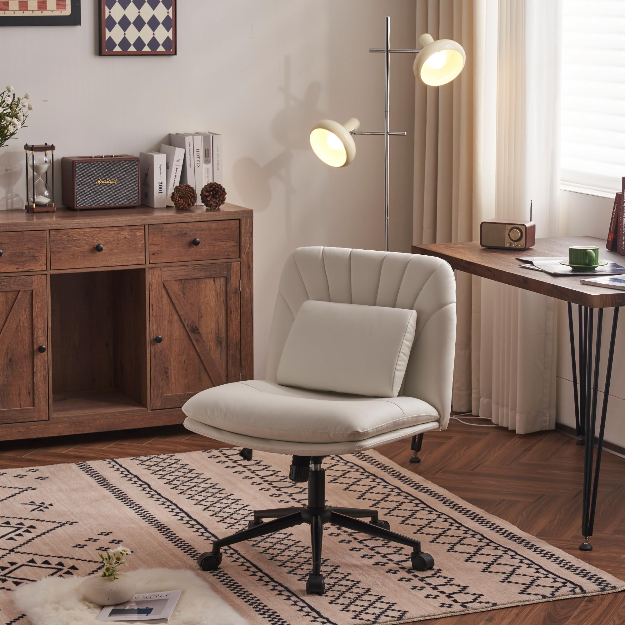 Ergonomic Criss Cross Chair - Armless Office Chair with Wheels & PU Leather - Cross Legged Meditation Chair with Wide Seat & Lumbar Support - White - Perfect for Home Office, Yoga, and Relaxation Spaces