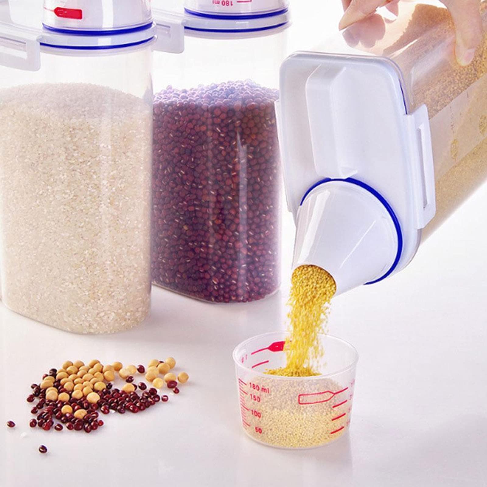3L Transparent Grain Storage Container with Measuring Cup - Airtight Kitchen Jar for Rice, Sugar, Flour & Powder - Perfect for Pantry Organization & Bulk Food Storage