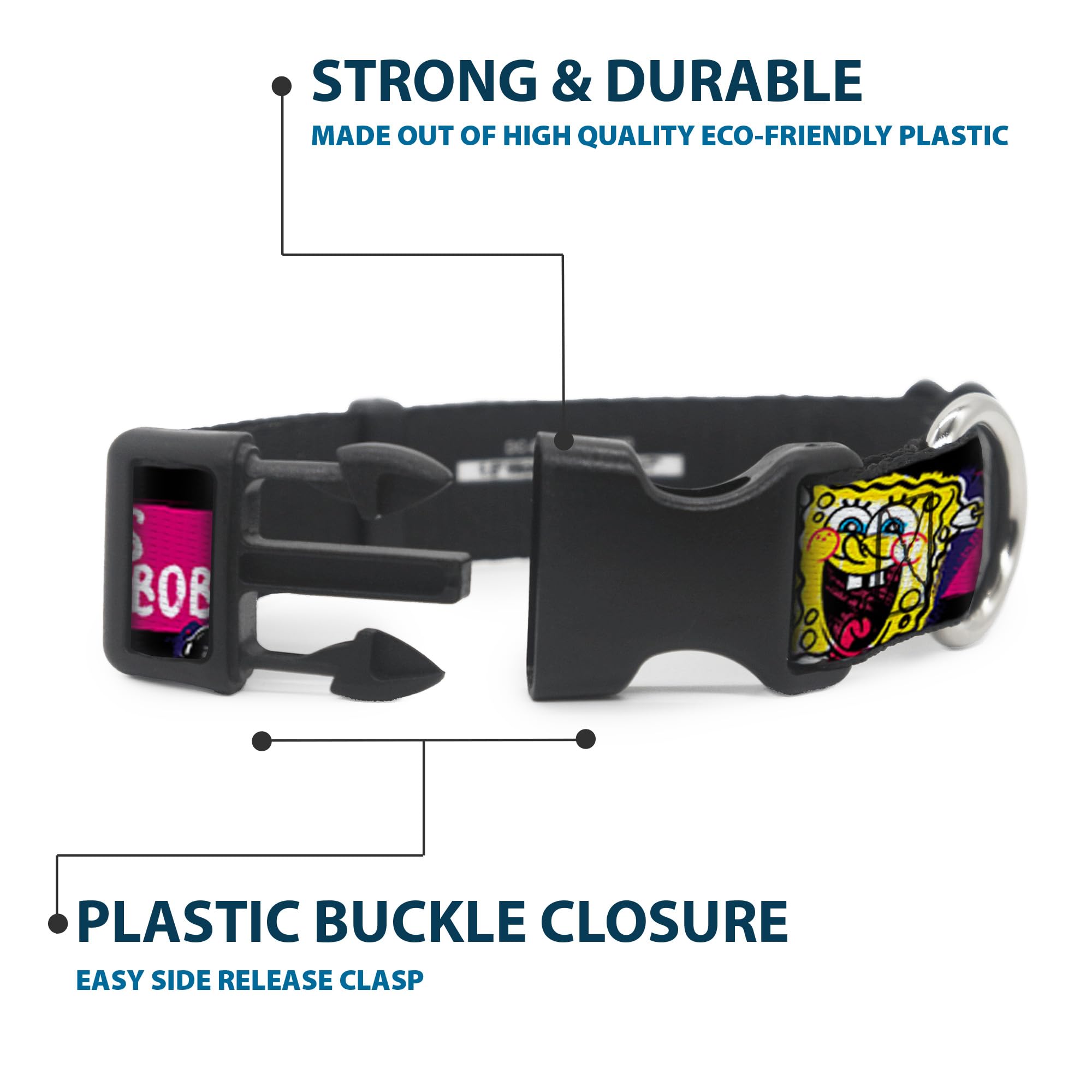 Spongebob Dog Collar with Plastic Clip - Adjustable 18-32 Inch, 1.5 Inch Wide Pet Collar in Black, Pink, Blue & White Stripes - Perfect for Cosplay, Halloween Costumes & Cartoon-Themed Pet Accessories