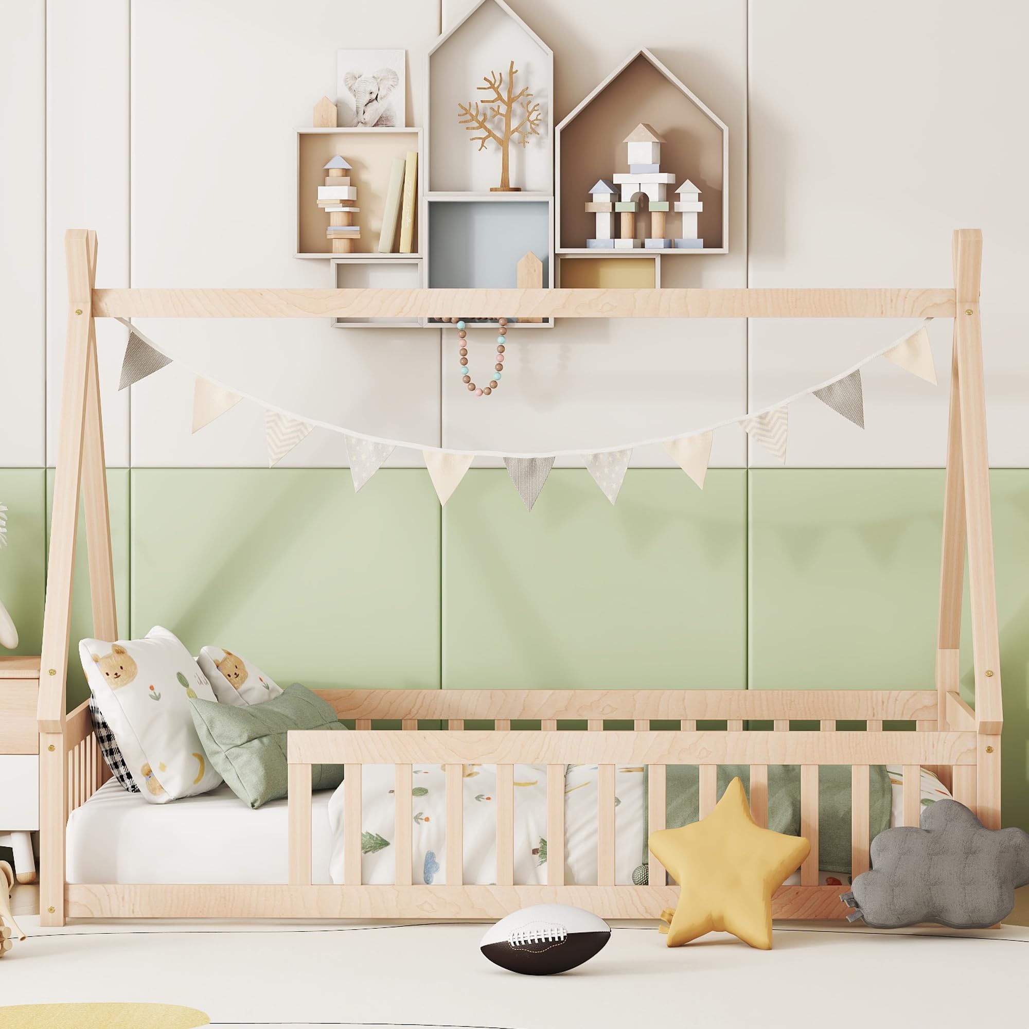Montessori Floor Bed for Kids - Twin Size Teepee Tent Bed with Slats & Safety Rails, Natural Wood House Bed Frame for Boys & Girls | Perfect for Montessori Rooms, Playrooms & Cozy Bedtime Reading Nooks