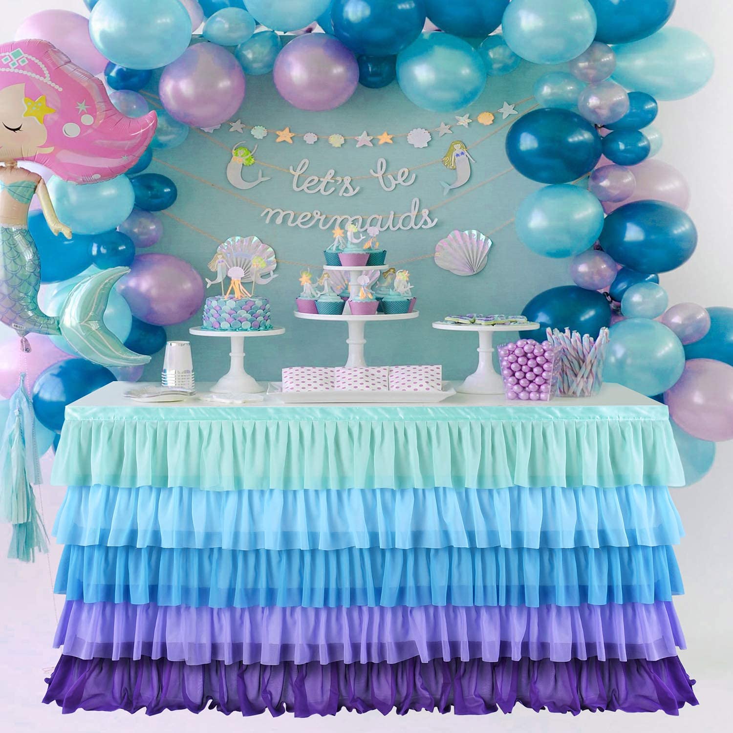 Mermaid Tutu Table Skirt - 6ft Rectangle Table Cloth for Under the Sea Party Decor, Birthday, Baby Shower & Gender Reveal | Waterproof & Reusable for Indoor/Outdoor Events