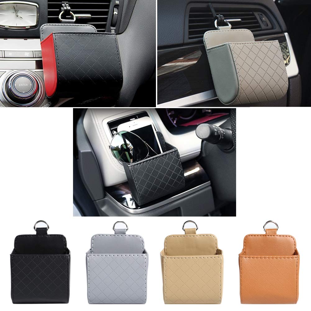 Universal Car Air Vent Storage Organizer - PU Leather Phone & Sunglass Holder with Hook for Keys, Cards, Coins - Perfect for Road Trips & Daily Commute (Black)