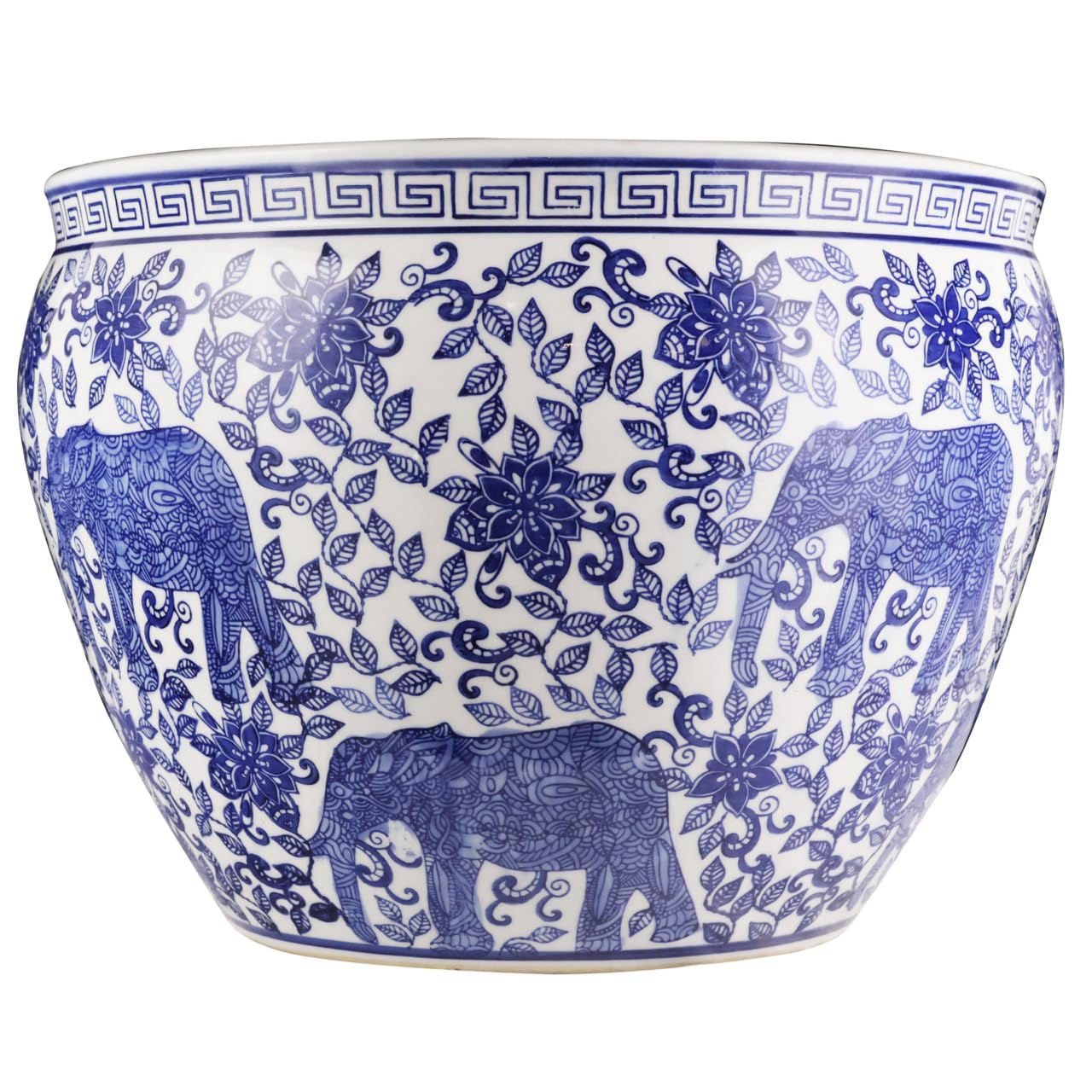 Blue and White Porcelain Fishbowl with Elephant Design - Oriental Home Decor for Living Room, Office & Garden - Handcrafted Ceramic Planter & Decorative Bowl