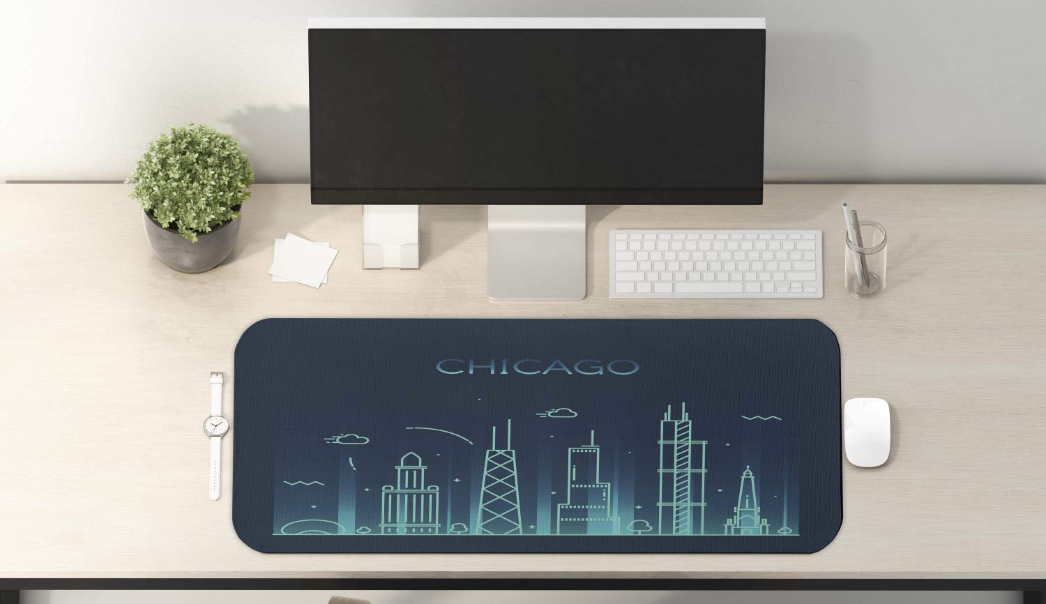 Ambesonne Chicago Skyline Mouse Pad - Non-Slip Rubber Gaming Mousepad with Blue American City Panorama Illustration, 31