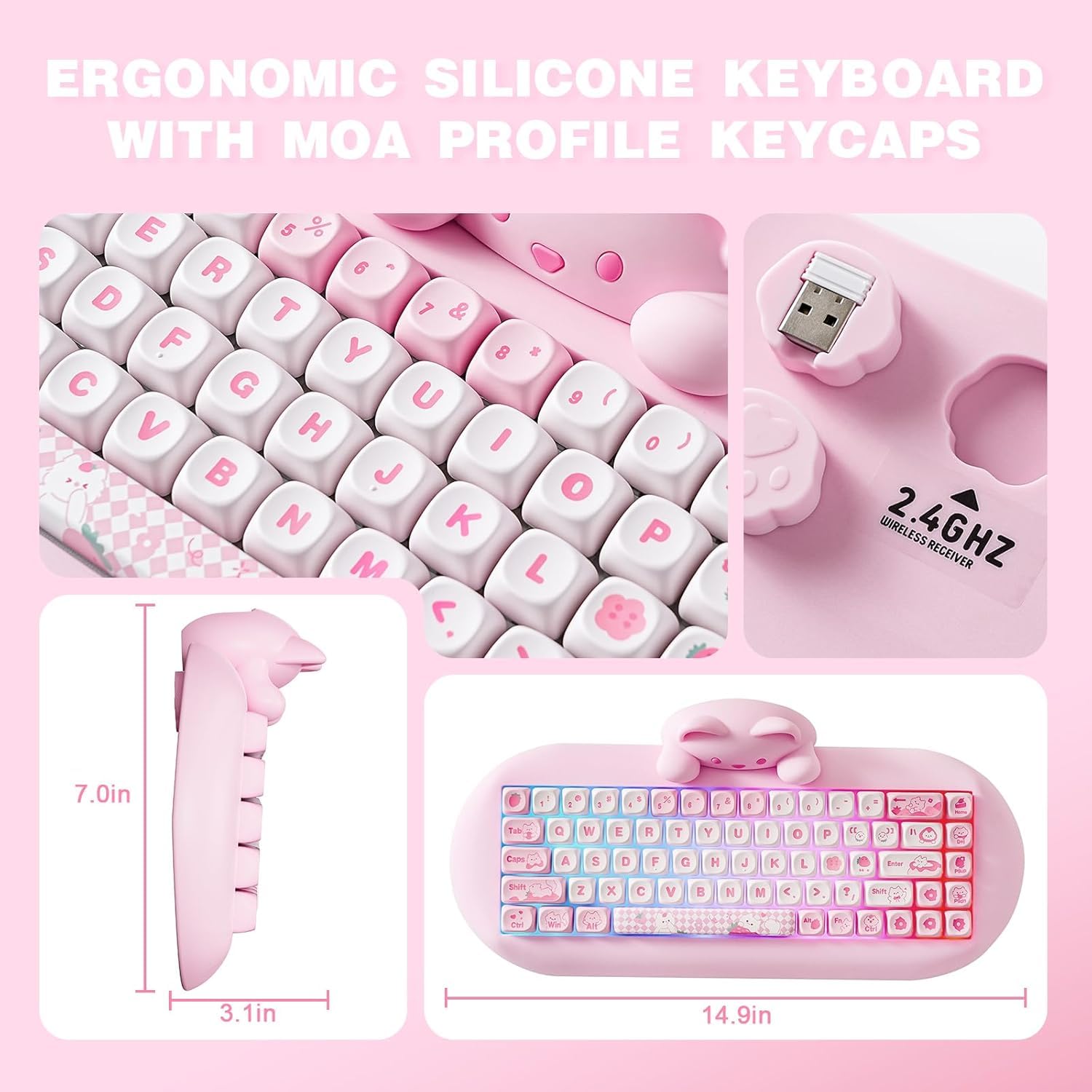 YUNZII C68 Wireless Mechanical Keyboard - 65% Compact Layout, Hot-Swappable, Triple Mode (Bluetooth 5.0/2.4G/Wired), RGB Backlit, NKRO, Ergonomic Cute Cat Silicone Design - Compatible with Windows & Mac (Pink, Milk Switch) - Perfect for Gaming, Office Work & Typing Enthusiasts