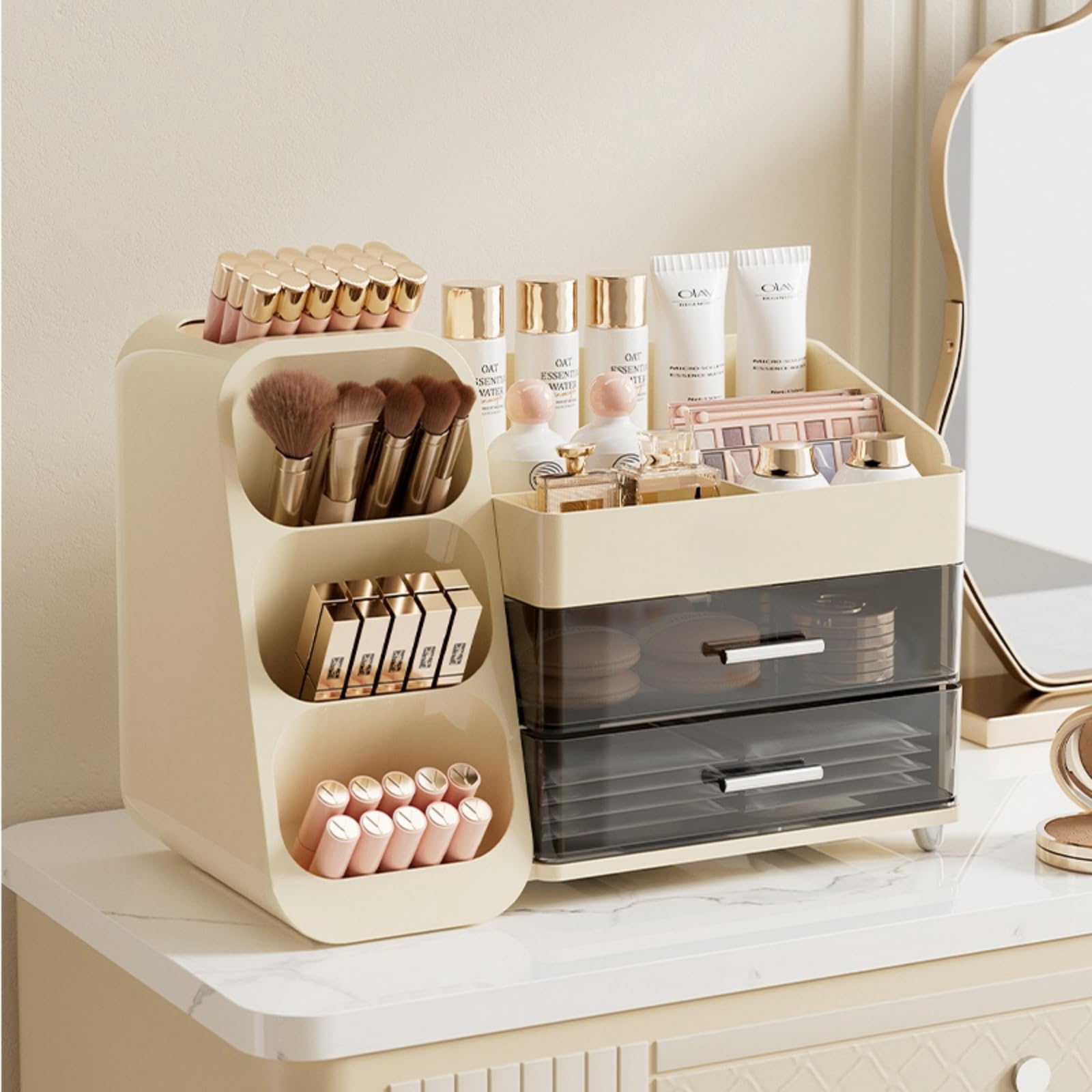 Makeup Organizer with Drawers - Spacious Cosmetic Storage Case for Vanity | Beauty Essential Organizer with Multiple Compartments | Perfect for Makeup Brushes, Lipsticks & Skincare Products (Cream)