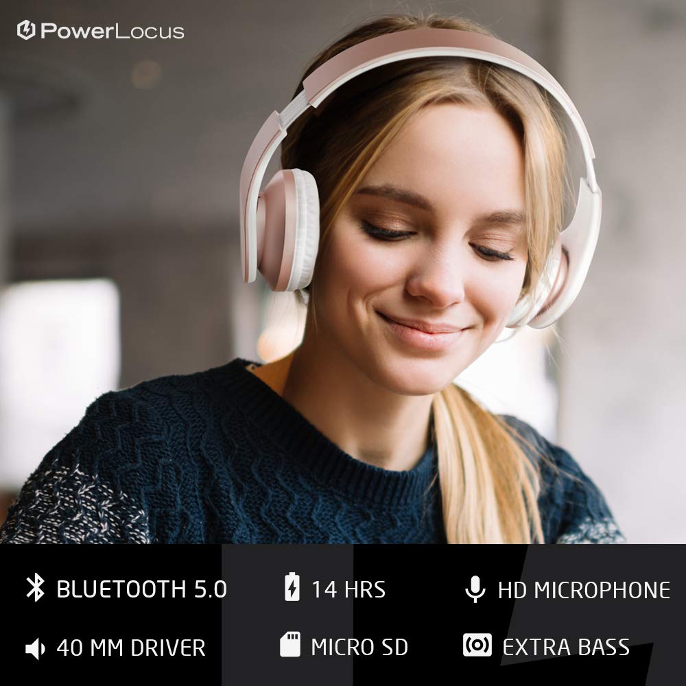 PowerLocus Rose Gold Wireless Bluetooth Headphones with White/Purple Options - Premium Sound Quality for Workouts, Travel & Office Use