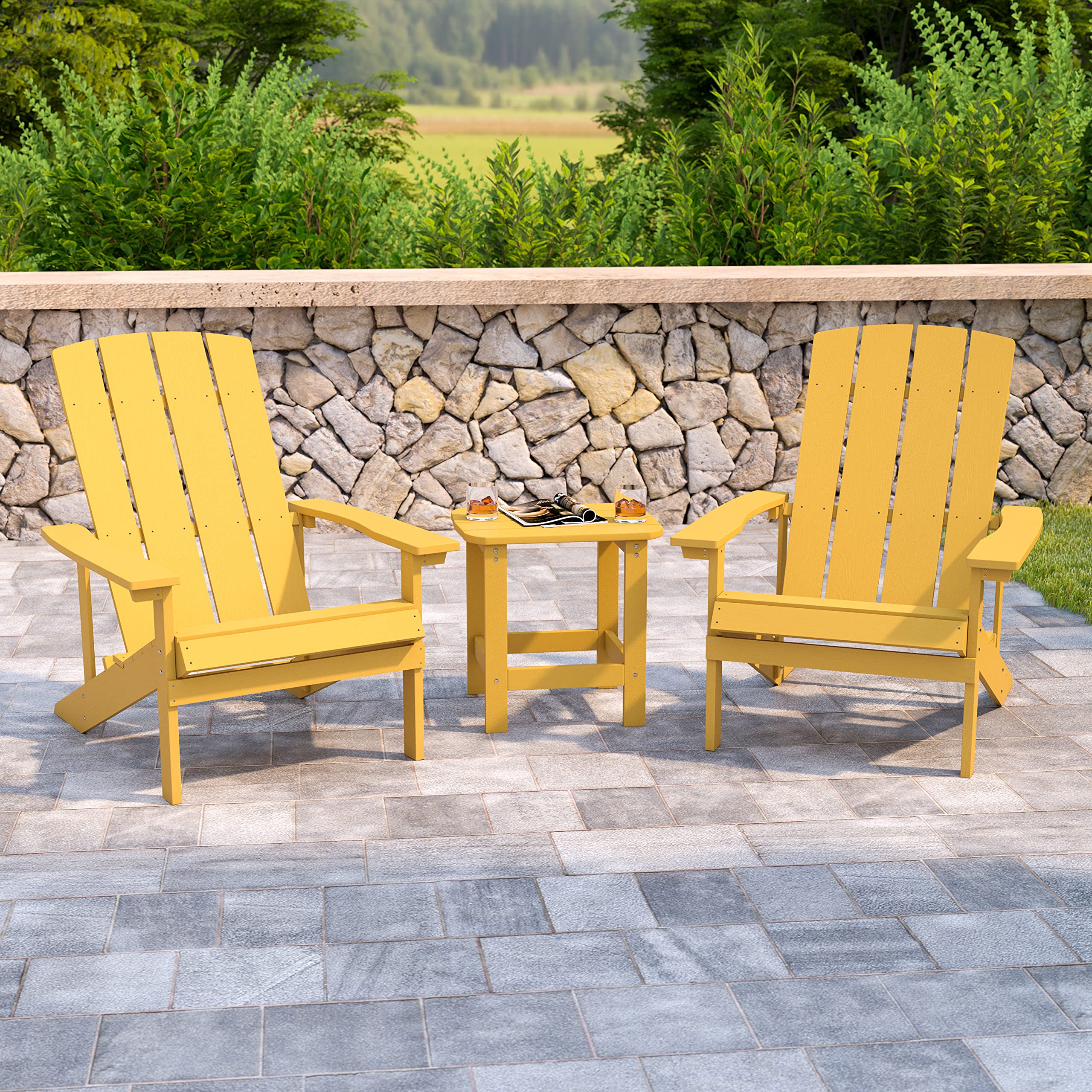 EMMA + OLIVER Yellow Adirondack Style Patio Set - Indoor/Outdoor Side Table with 2 Chairs | Perfect for Backyard, Garden, Poolside & Porch Relaxation