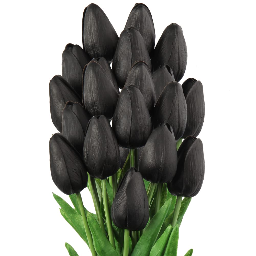 10 Pcs Black Artificial Tulips - Real Touch Faux Flowers for Vase Centerpieces, Home & Wedding Decor - 13.5