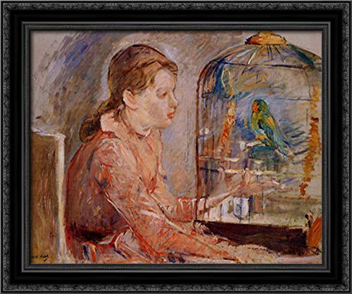 Berthe Morisot 'Young Girl and the Budgie' 24x20 Framed Canvas Art - Black Ornate Wood Frame - Perfect for Living Room, Bedroom & Office Wall Decor