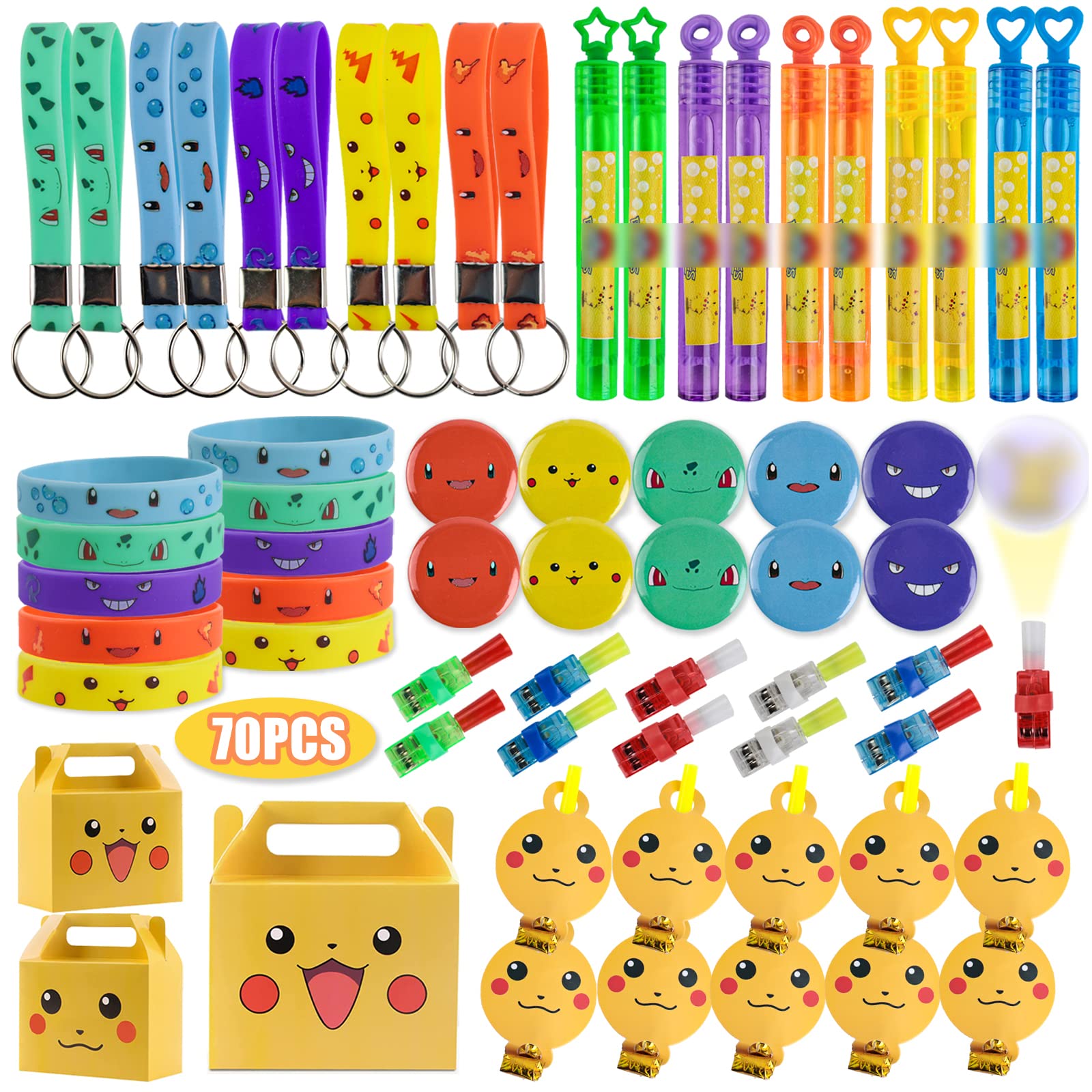 Andzerolief 70pcs Kids Birthday Party Favors Set - Includes Keychains, Wristbands, Badges, Blower Whistles, Mini Bubbles & Tattoo Stickers - Fun Goodie Bags for Boys & Girls Birthday Parties, School Events & Carnival Giveaways
