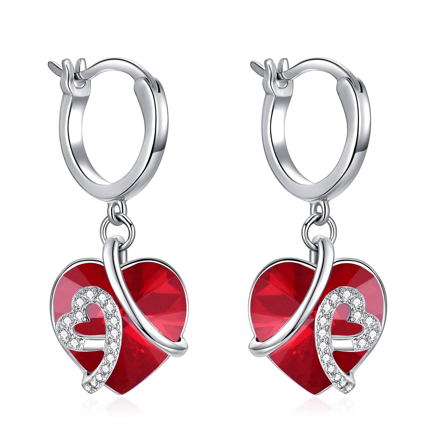 Heart Crystal Dangle Earrings - Sterling Silver Hoop Earrings for Women | Romantic Gift for Her, Date Night Jewelry