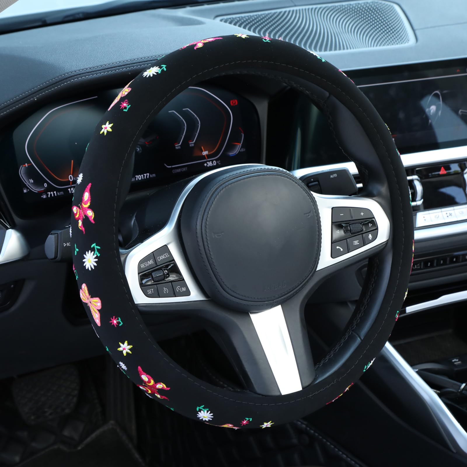 Embroidered Butterfly Daisy Black Steering Wheel Cover - Anti-Slip Breathable Car Steering Wheel Protector for Women, Universal 15 Inch Fit Most Vehicles | Perfect for Daily Commute & Road Trips