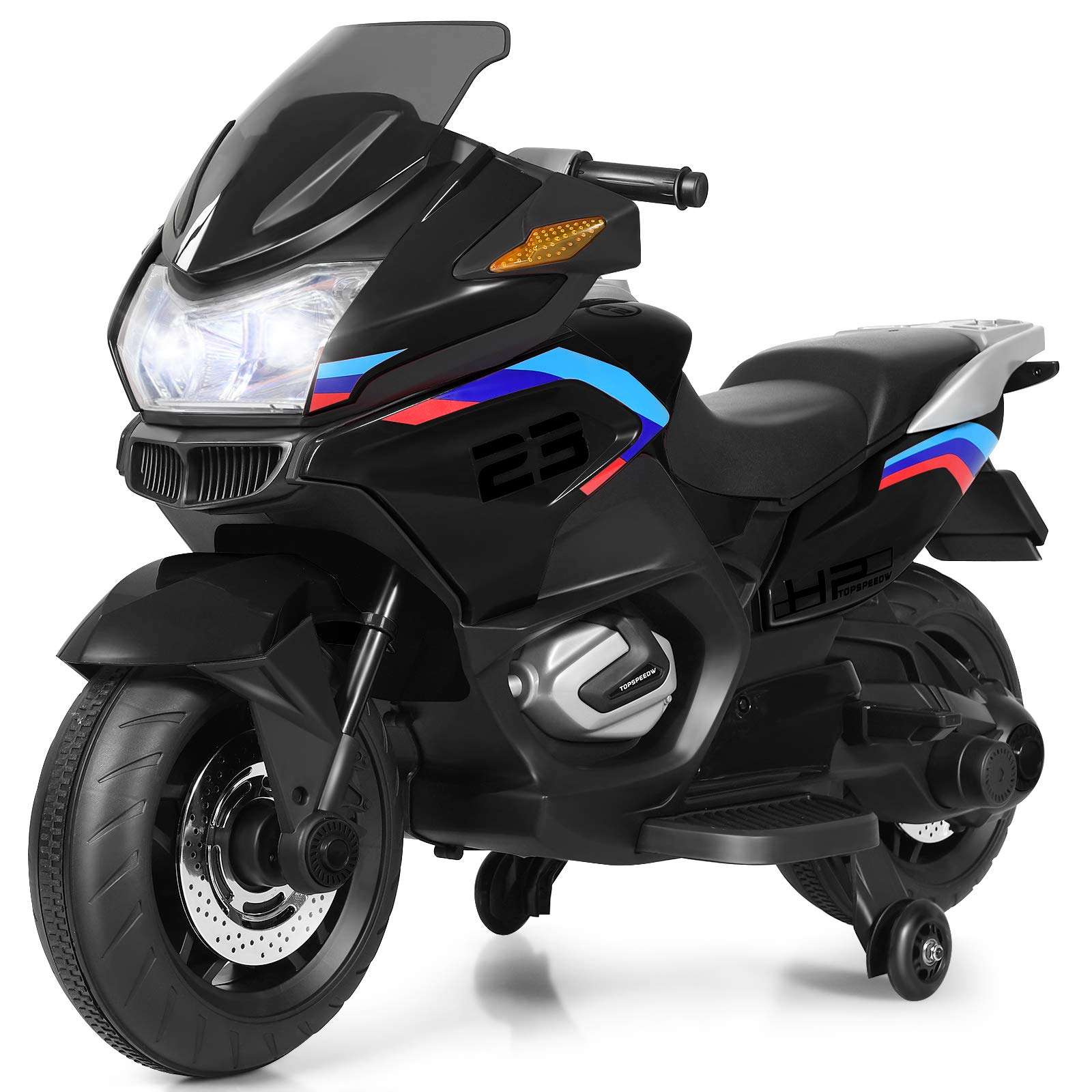 HONEY JOY 12V Kids Electric Motorcycle with Training Wheels & LED Lights - Battery Powered Ride On Toy for Boys Girls Ages 3+ - Spring Suspension, Foot Pedal - Perfect Birthday Gift & Outdoor Play (Black)