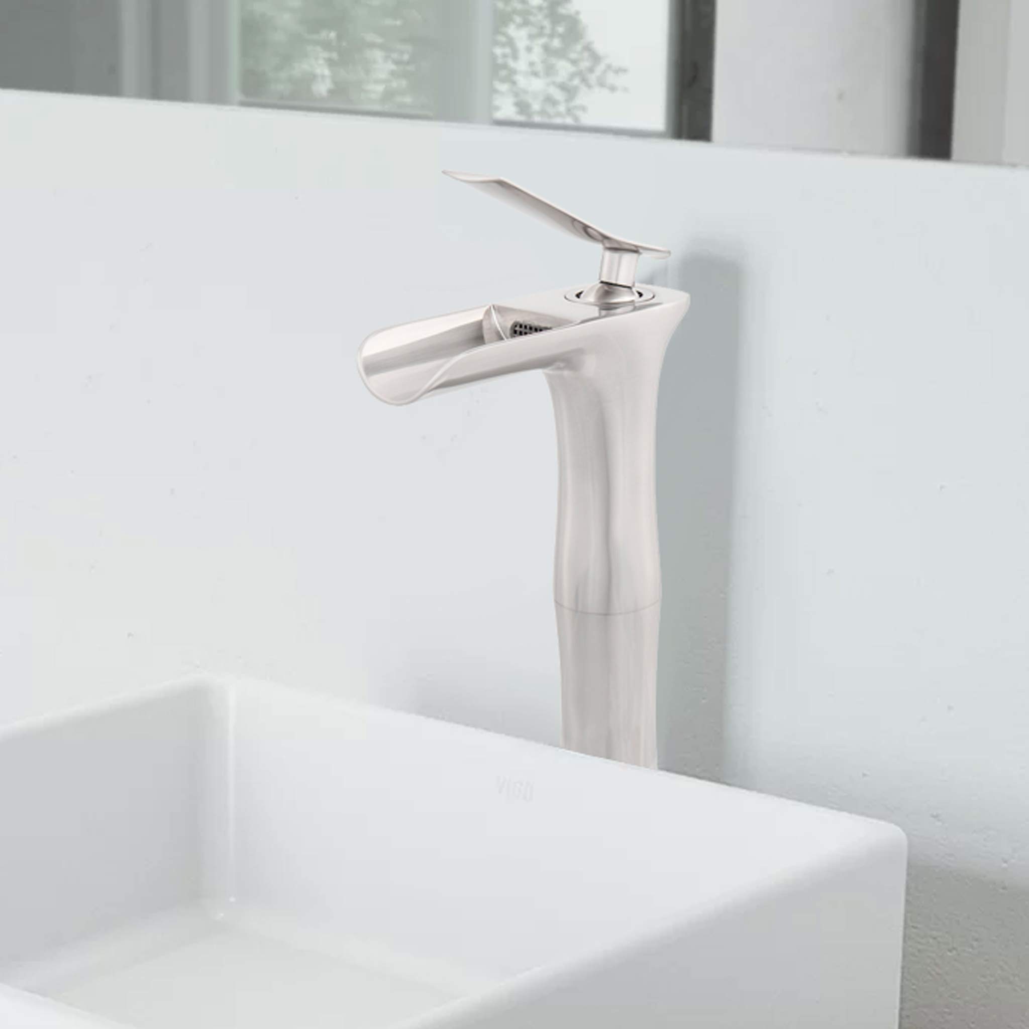 Novatto GF-365BN Victoria CHIARO Vessel Bathroom Sink Set - Chrome/Clear Glass with Brushed Nickel Finish - Modern Above Counter Basin for Bathroom Vanity, Powder Room & Guest Bath Decor