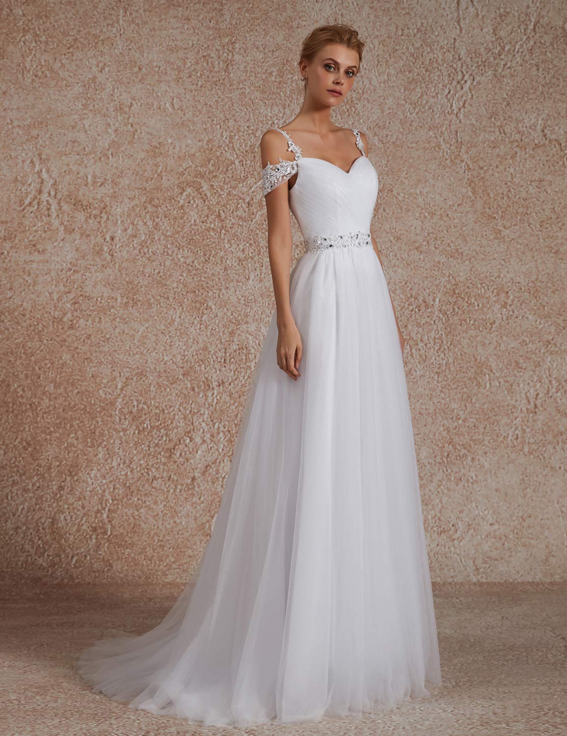 Elegant A-Line Off Shoulder Beaded Wedding Dress for Women - 2019 Bridal Gown 102WD | Perfect for Beach, Church & Formal Wedding Ceremonies