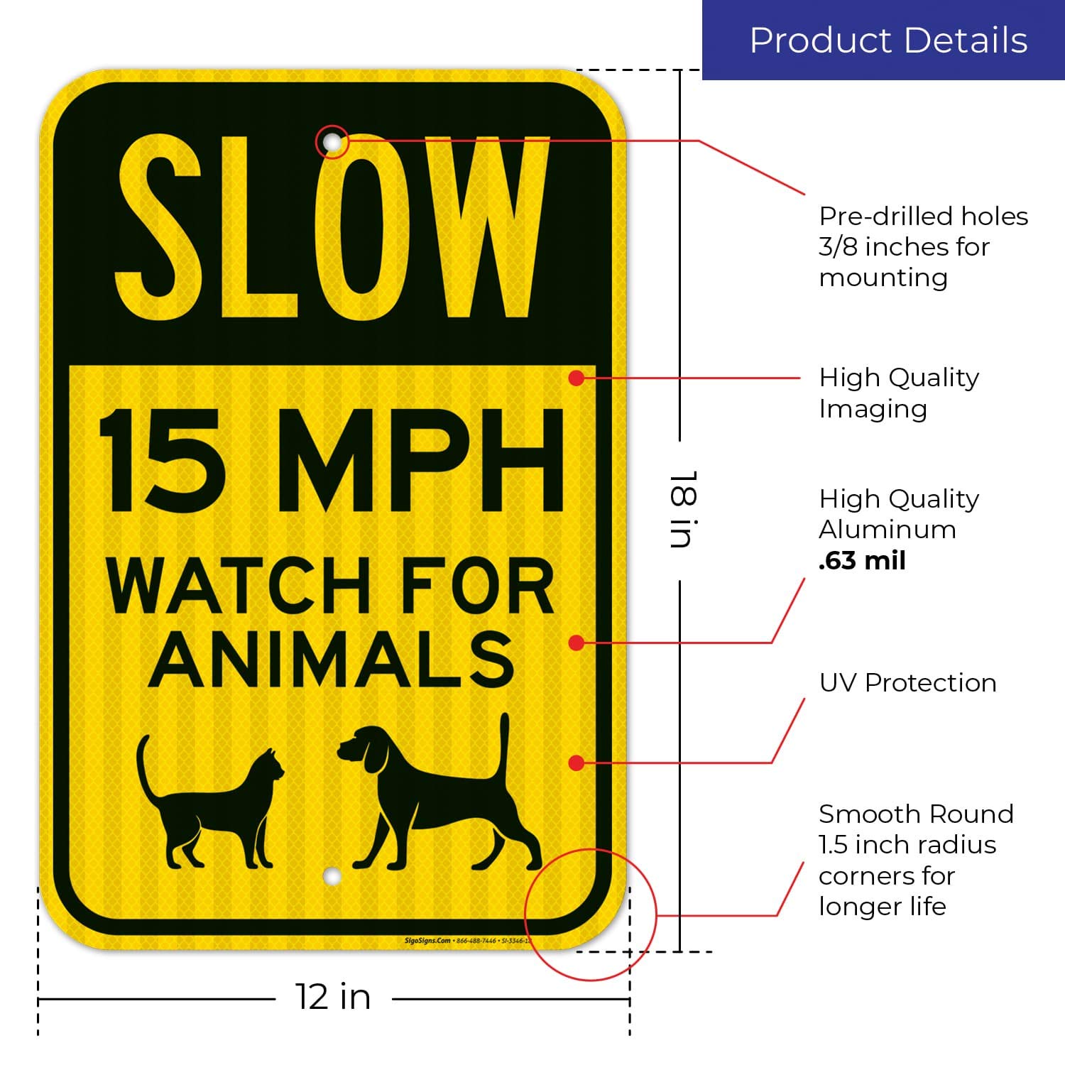 Slow 15 MPH Animal Crossing Sign - 12x18 Inch Reflective Aluminum Traffic Warning Sign for School Zones & Neighborhoods | 3M EGP Coated, Fade Resistant, USA Made | Perfect for Roads, Parks & Residential Areas