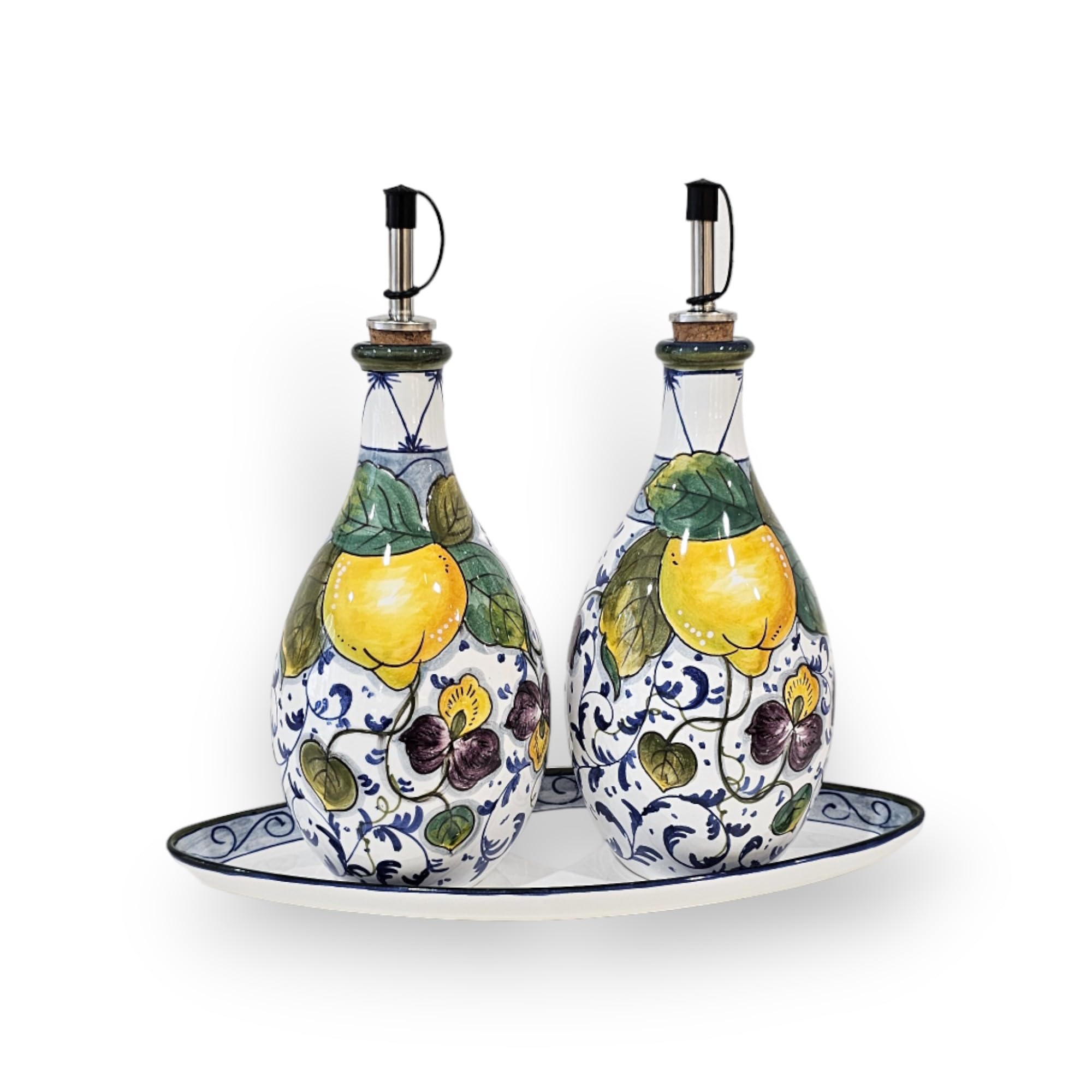 Italian Ceramic Oil and Vinegar Dispenser Set - Hand-Painted Lemon Design - 7 oz Kitchen Oil & Vinegar Bottles - Made in Tuscany, Italy - Home Decor & Italian Pottery for Dining Table, Kitchen Counter, or Gift
