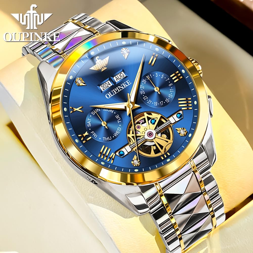 OLEVS Automatic Skeleton Men's Luxury Watch - Mechanical Self-Winding Sapphire Crystal Tungsten Steel Wristwatch - 50M Waterproof & Luminous - No Battery Needed - Perfect for Business, Formal Events & Everyday Wear
