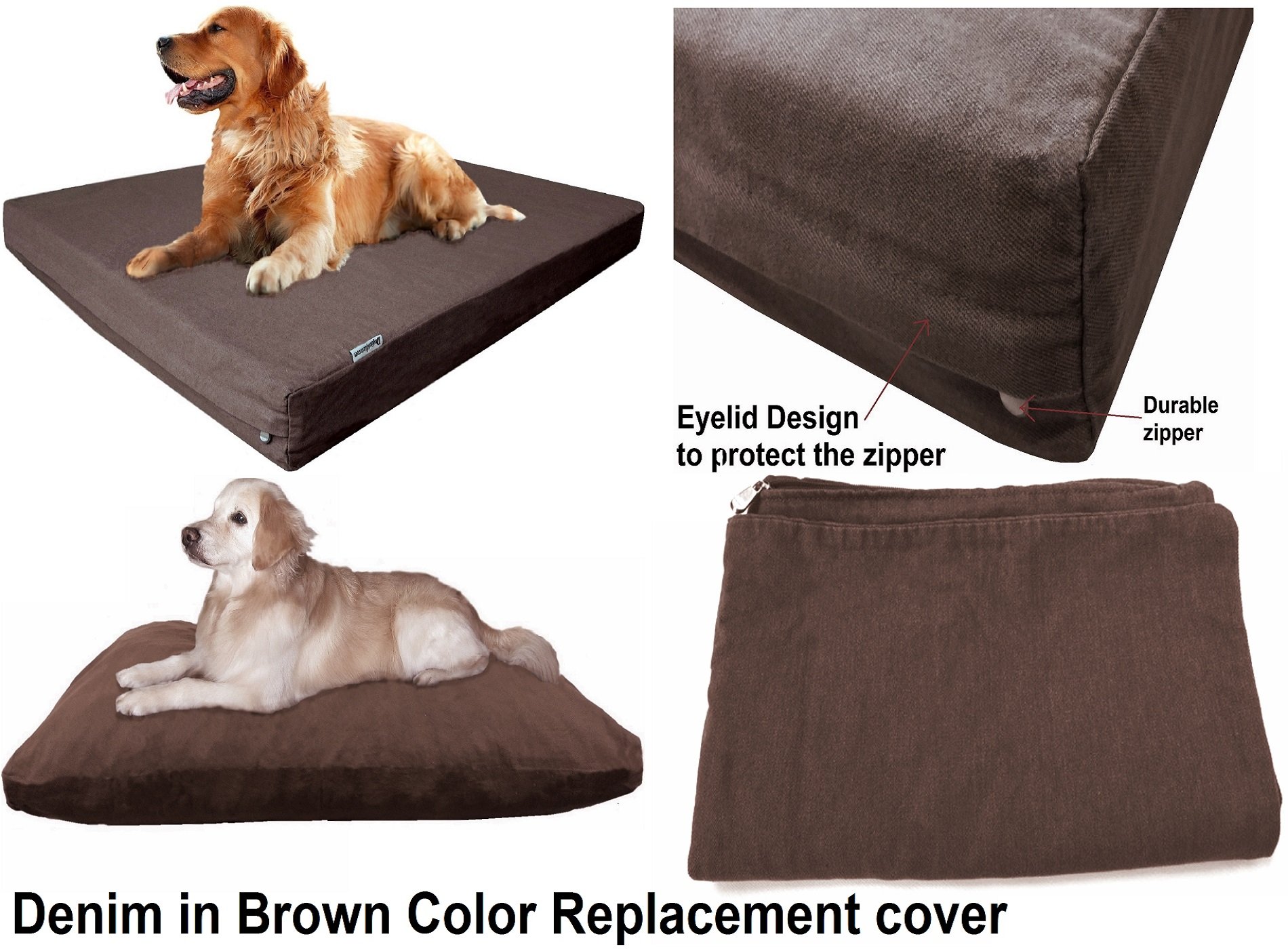 Heavy Duty Denim Dog Bed Cover - Brown, 6 Sizes for Pets - Home & Travel Use