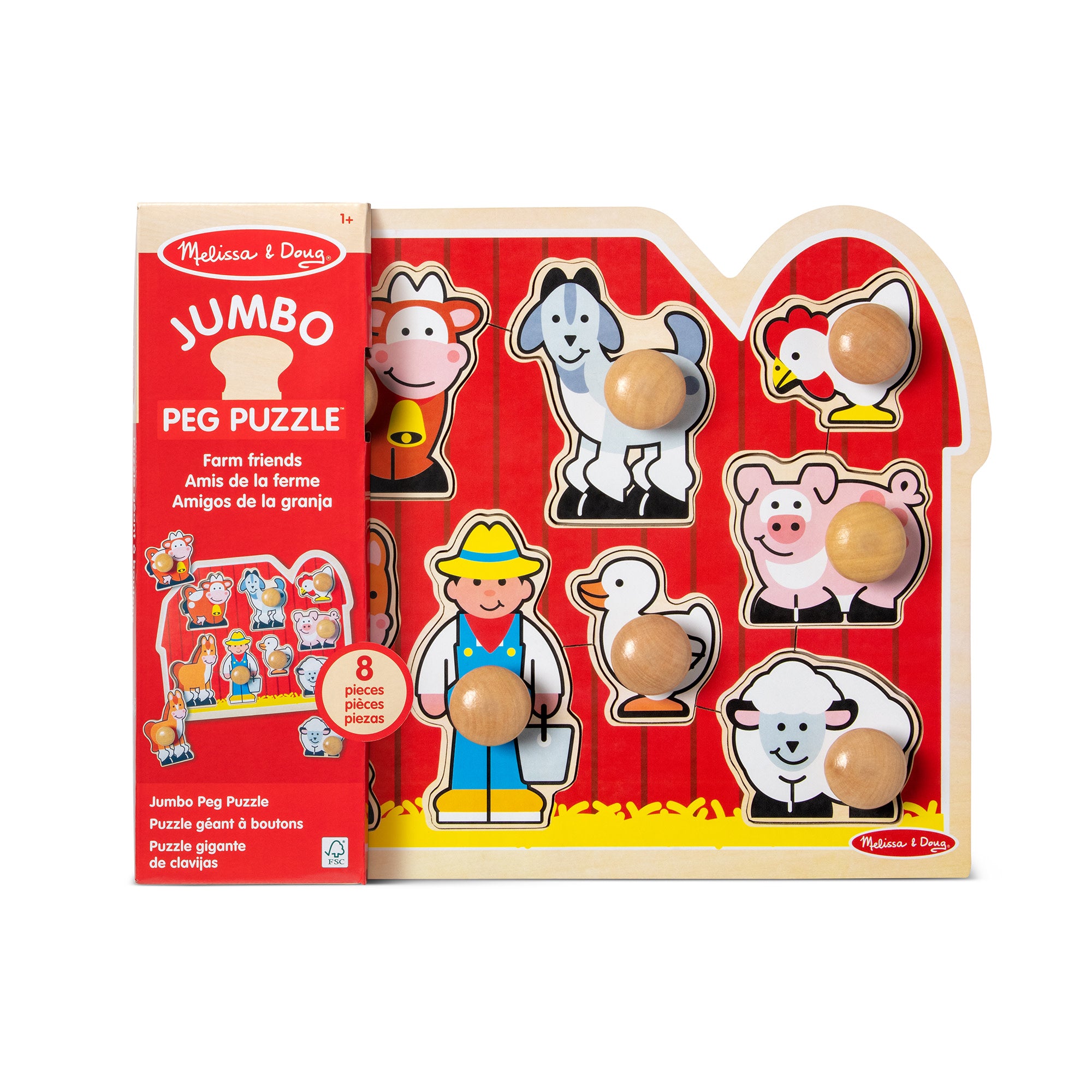 Farm Friends Jumbo Peg Puzzle - 8 Piece Wooden Animal Puzzle for Toddlers & Kids - Educational Farm Animal Toys for Early Learning & Fine Motor Skills Development - Perfect for Preschool Playtime & Montessori Activities