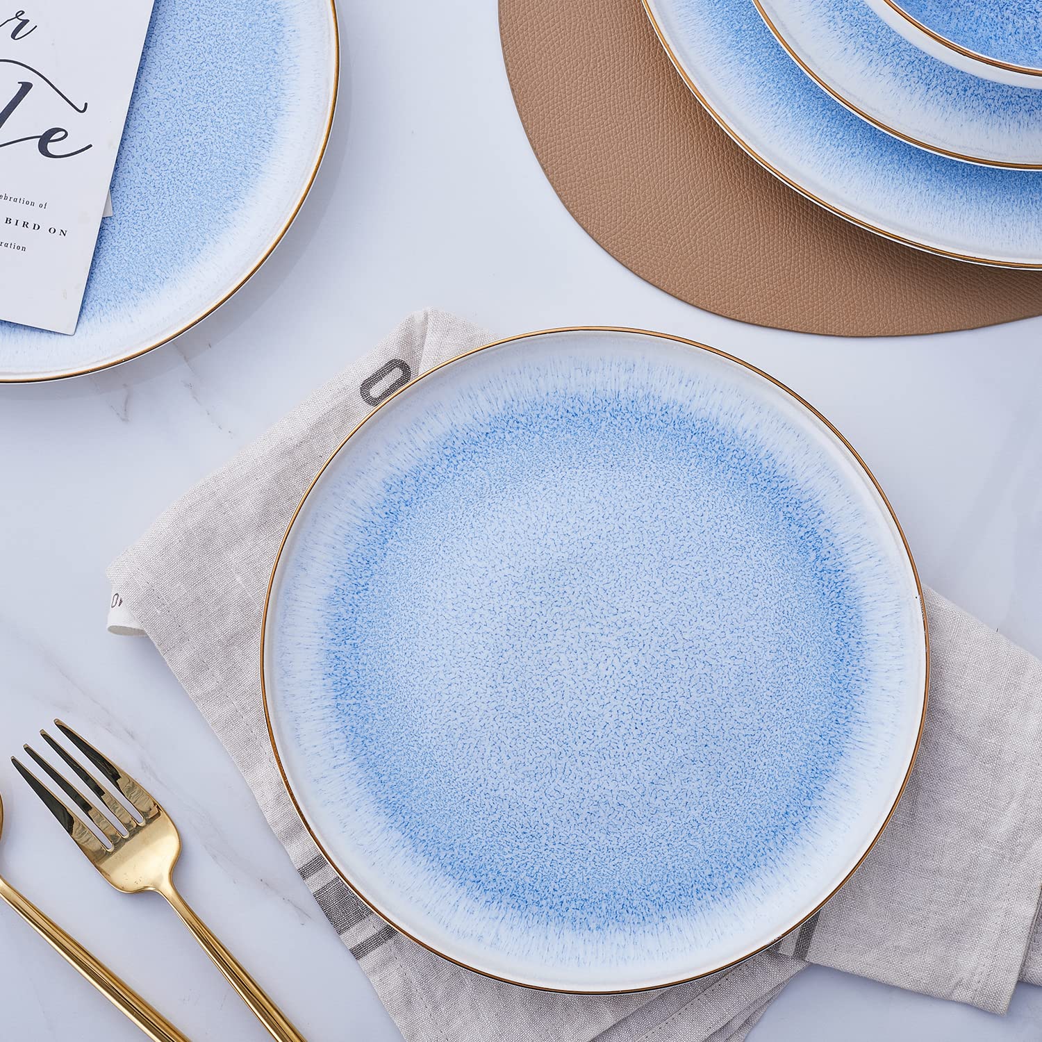 Josephine Blue Stone Lain Porcelain Dinner Plate Set - 4 Elegant Dish Plates for Dining, Entertaining & Home Decor | Perfect for Everyday Meals, Dinner Parties & Gifting