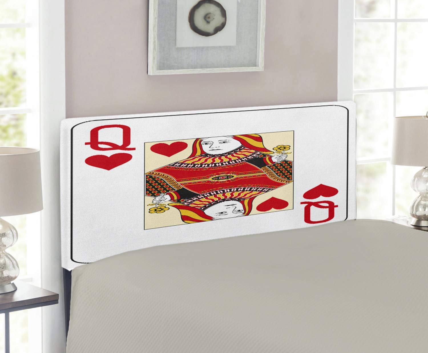 Ambesonne Queen Size Upholstered Headboard - Queen of Hearts Playing Card Casino Design for Poker & Blackjack Fans, Decorative Metal Bed Frame with Memory Foam, Twin Size in Vermilion Yellow & White - Perfect for Game Room, Bedroom Decor & Casino-Themed Interior Design