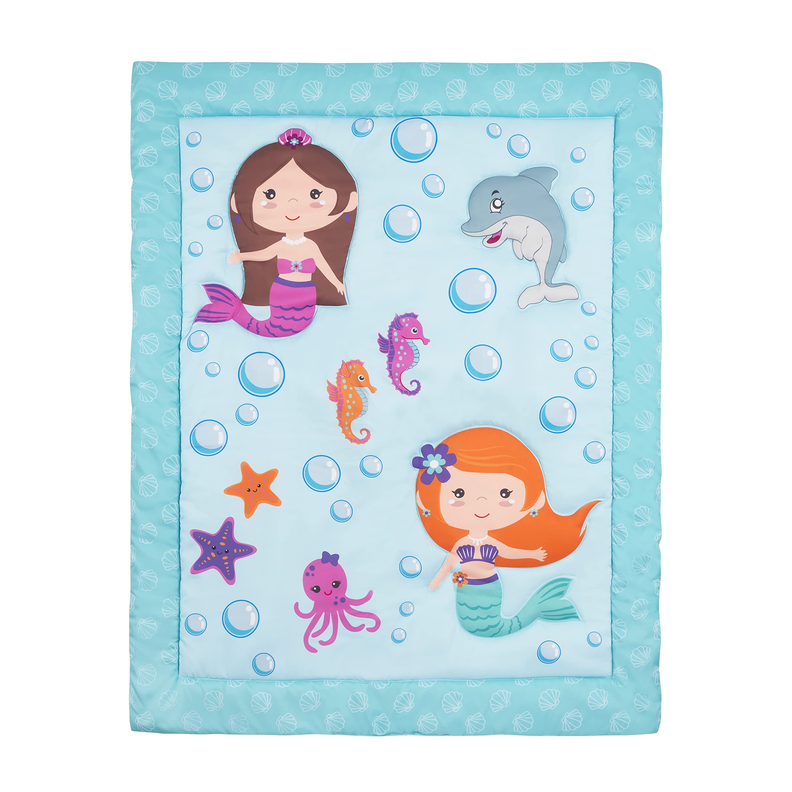 EVERYDAY KIDS 3-Piece Girls Crib Bedding Set - Mermaid Adventures - Soft Quilt, Fitted Sheet & Dust Ruffle - Nursery & Baby Crib Bedding - Perfect for Nursery Decor & Newborn Gift