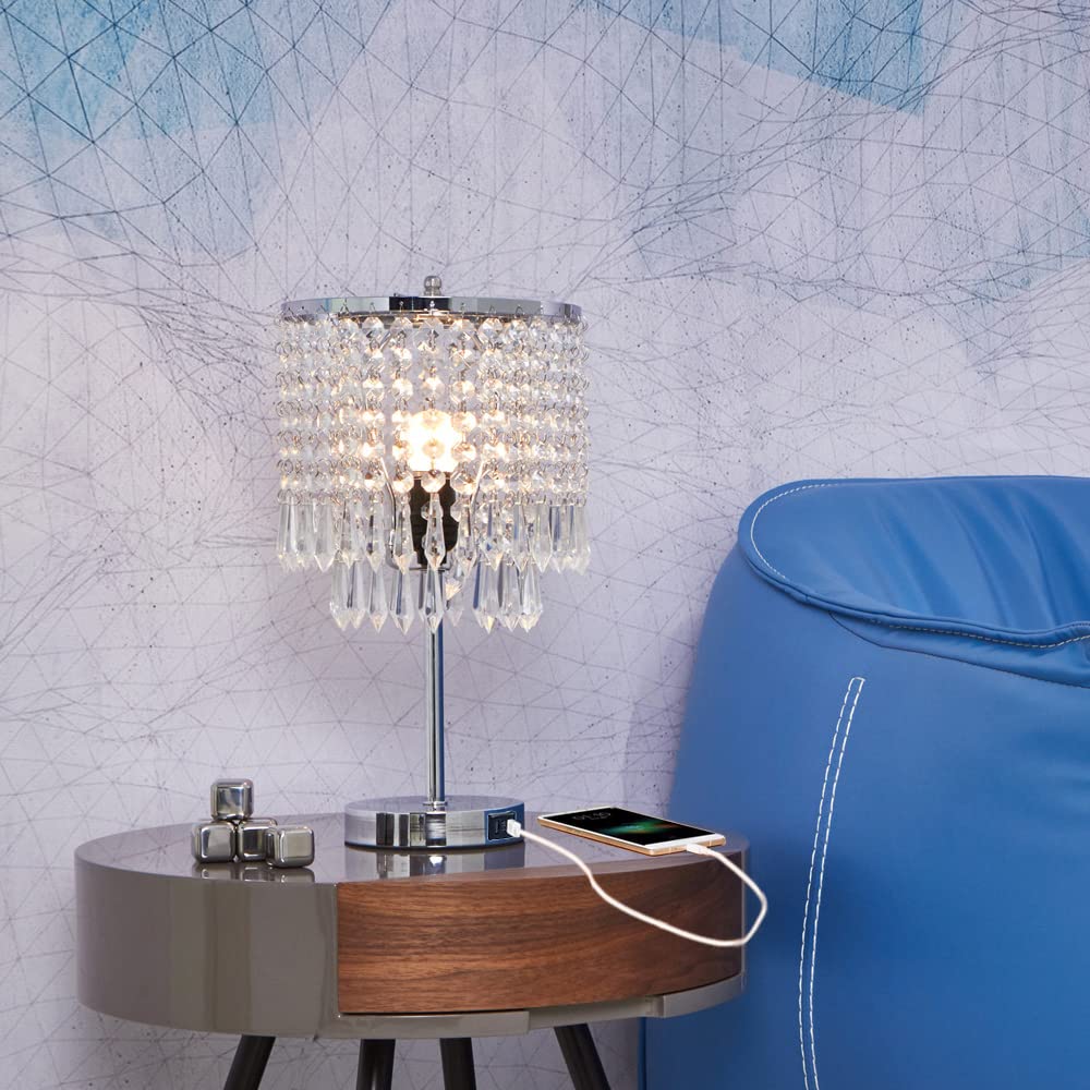 Crystal Table Lamp with Touch Control & Dual USB Ports - 3-Way Dimmable Silver Nightstand Lamp for Bedroom, Living Room, Office - Perfect for Reading, Decor & Charging Devices