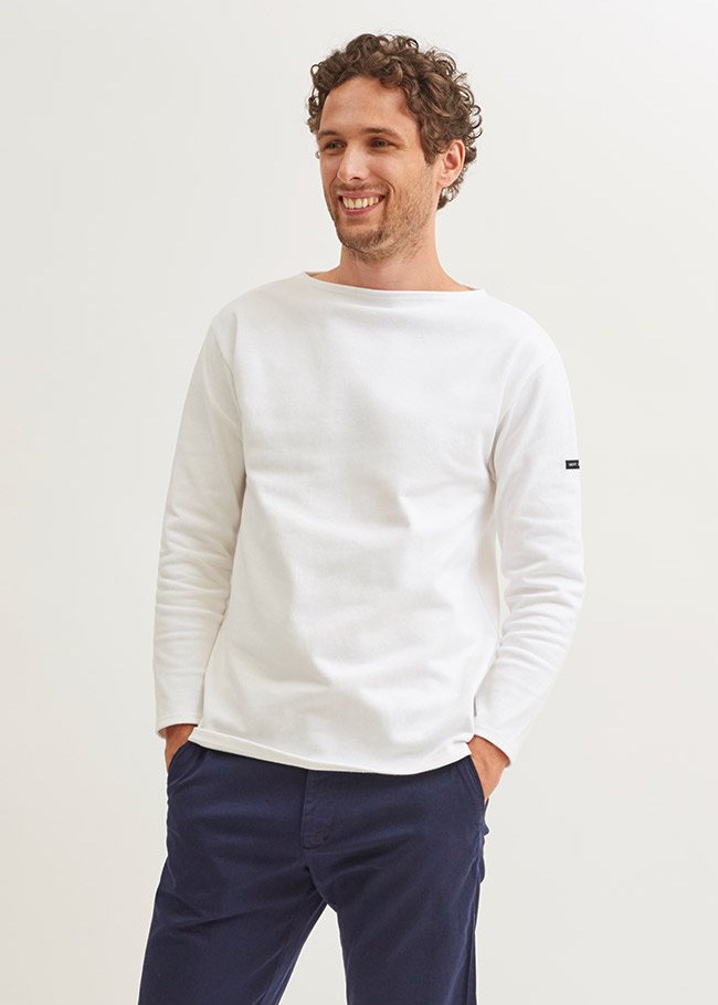 GUILDO Unisex Boat Neck Breton Shirt - Heavyweight Cotton T-Shirt for Men & Women | Classic Striped Long Sleeve Top | Casual Wear, Office Outfit & Weekend Style (ECRU)