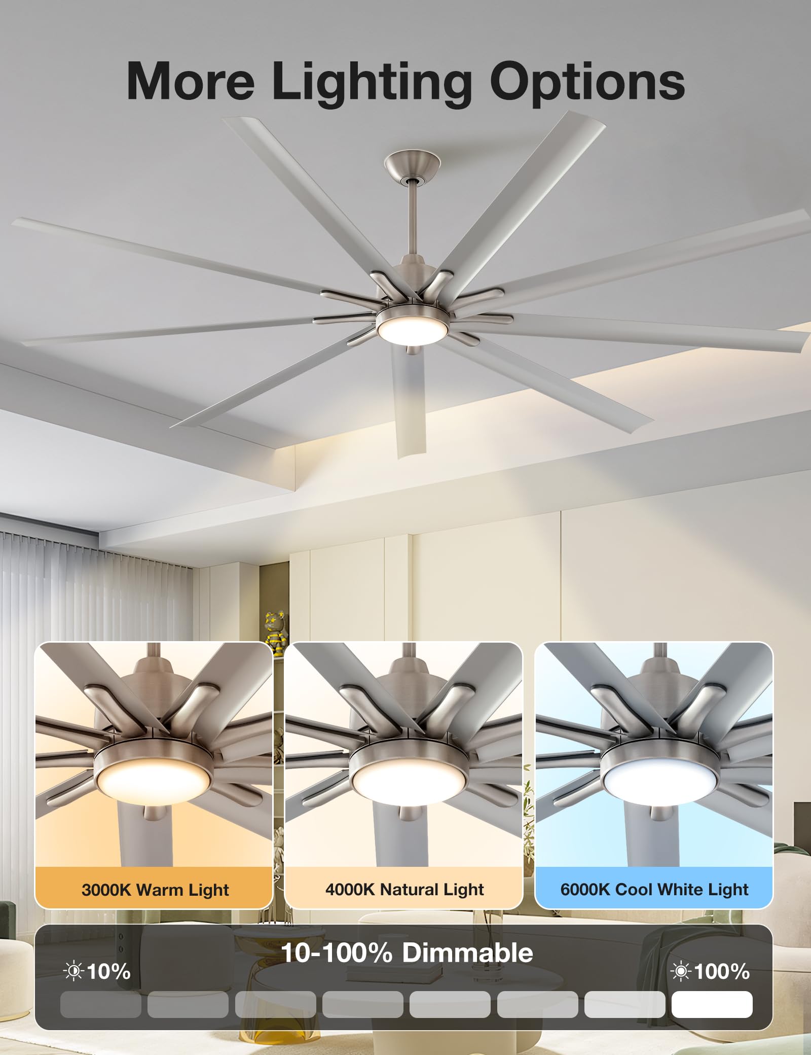 Warmiplanet 84-Inch Smart Ceiling Fan with Remote Control - Reversible Silent DC Motor, 6 Speeds, Dimmable 3-Color LED Light, Timer Function, Nickel Finish, 9 Blades - Perfect for Living Room, Bedroom, and Outdoor Patio
