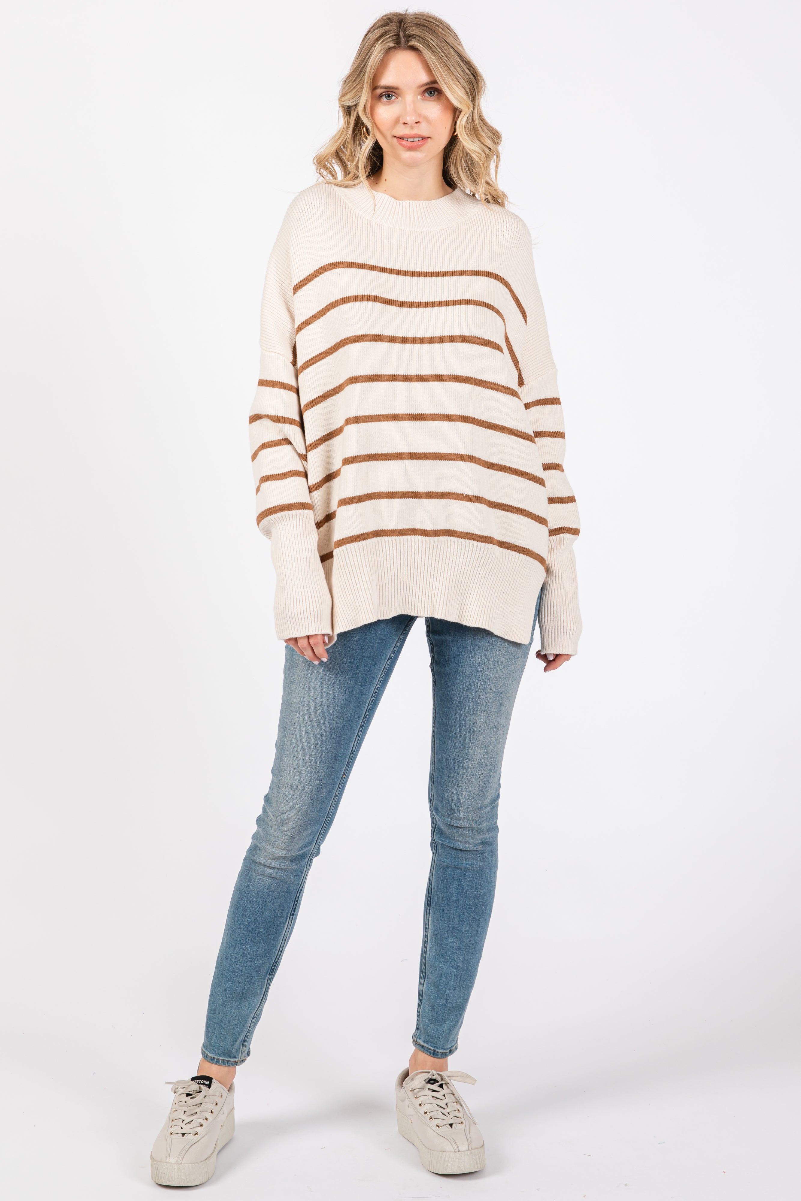 Cozy Beige Striped Drop Shoulder Sweater for Women - Soft Oversized Knit Pullover - Perfect for Fall & Winter Layering, Casual Outfits, and Coffee Dates